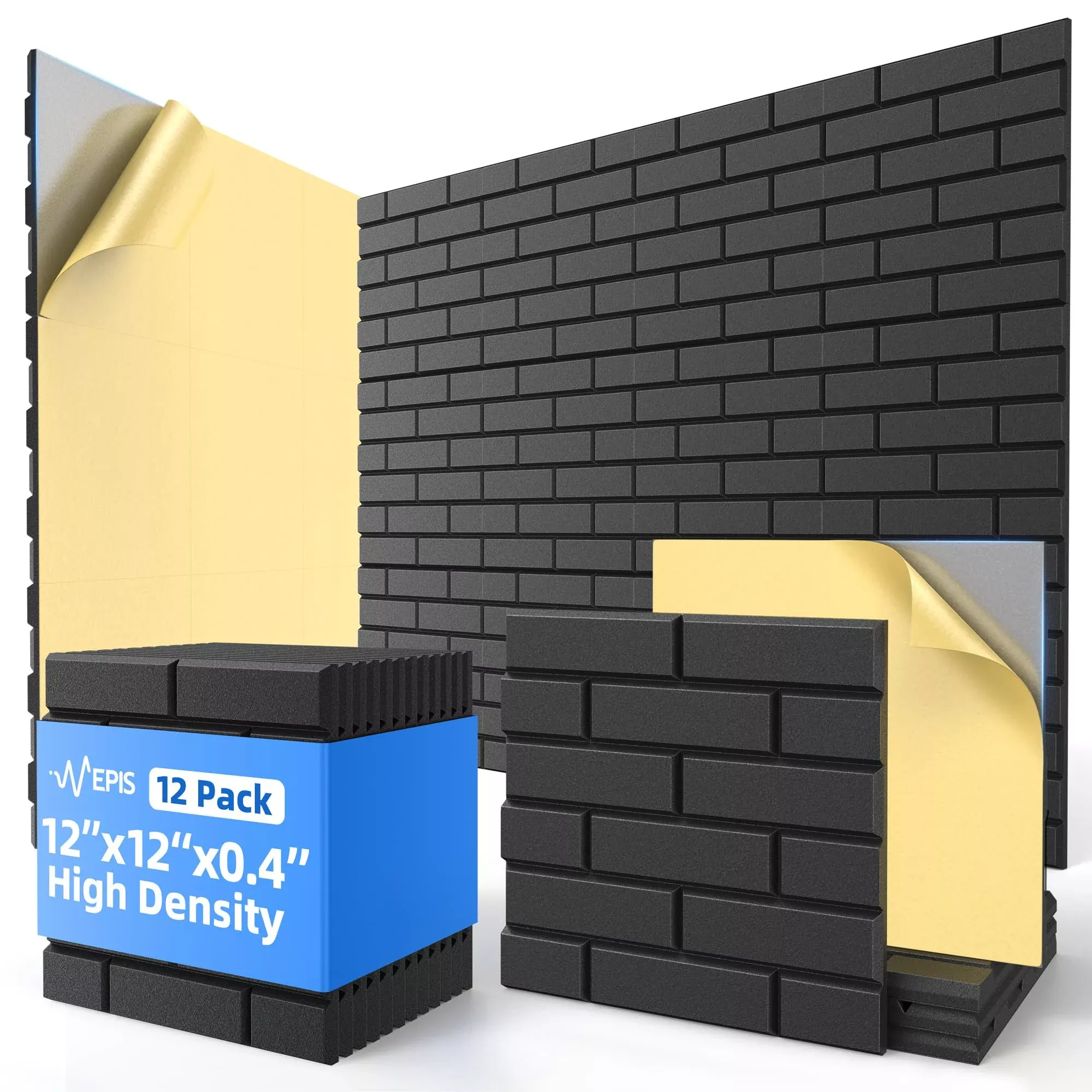 12 Pack Acoustic Panels with Self Adhesive, 12'' X 12'' X 0.4'' High Density Sound Proof Foam Panels for Walls, Soundproof Wall