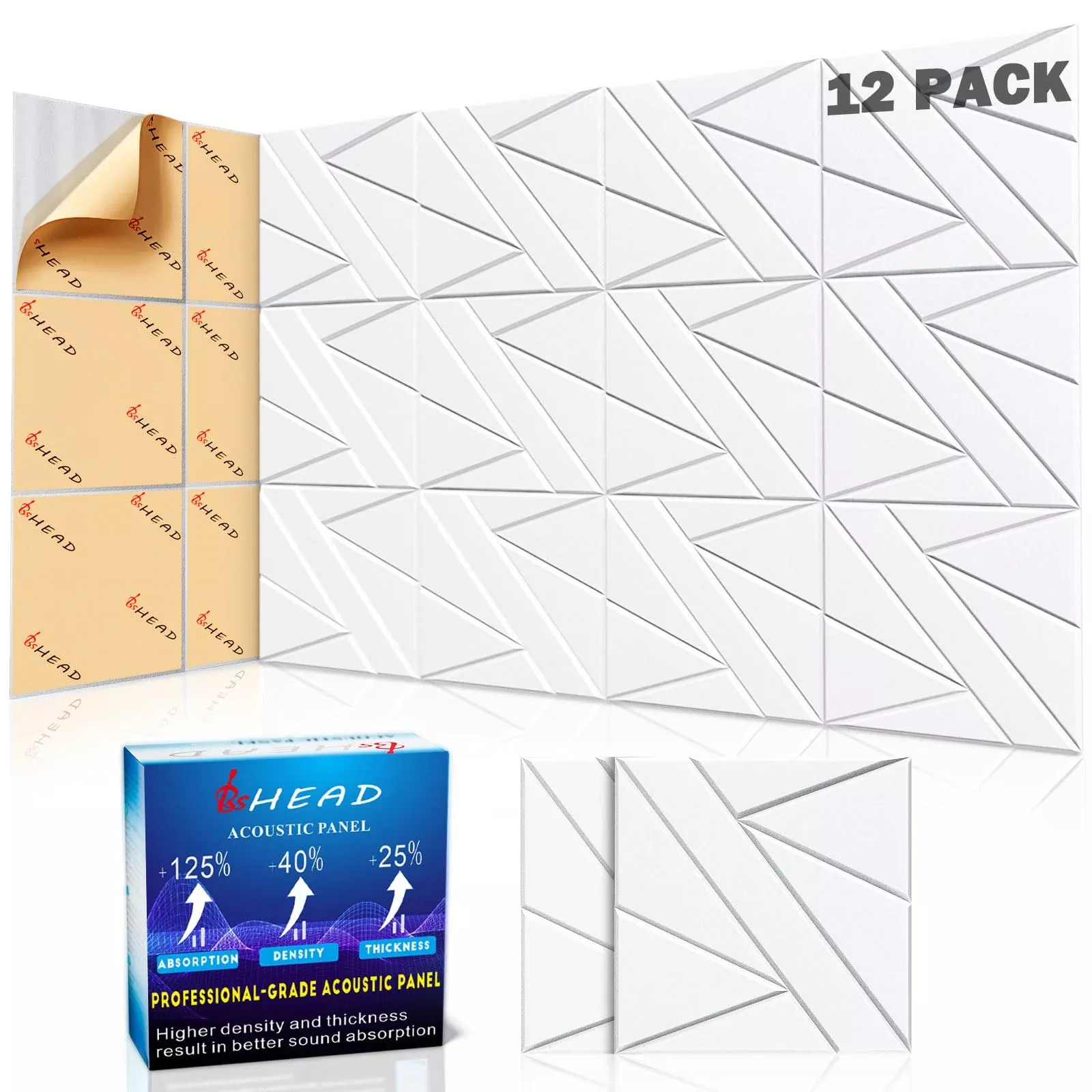 12 Pack Self-Adhesive Soundproof Wall Panels, 12 x 12 x 0.47 In Sound Proof Foam Panels for Walls, 1.2lb/ft High Density, Thicke