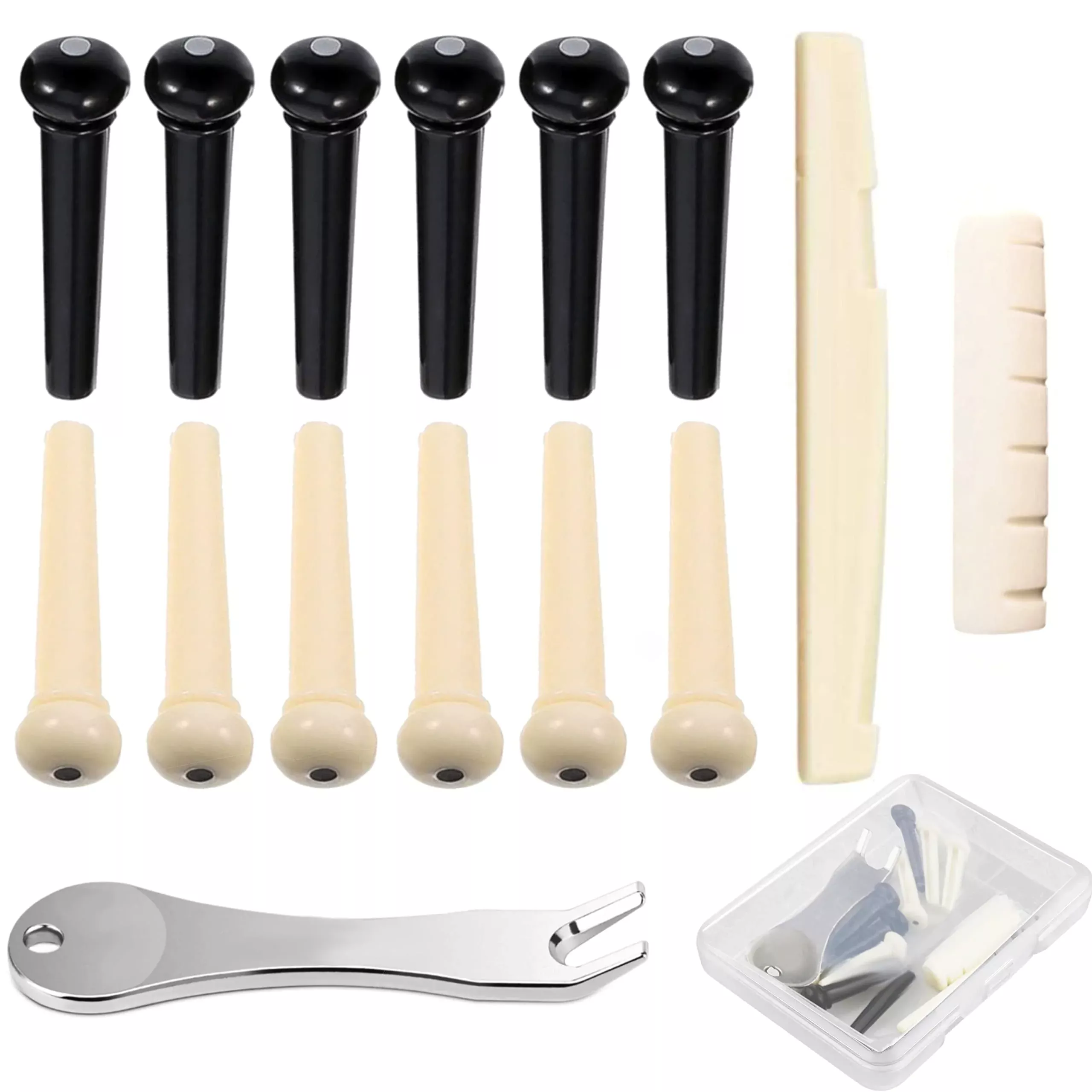 12 Pcs Acoustic Guitar Bridge Pins with Bridge Pin Puller Remover & Guitar Bridge Saddle Nut, Guitar Pegs Replacement Parts and