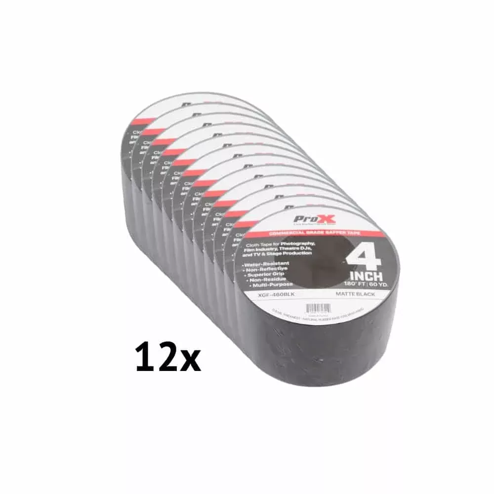 12x Pack of Pro X 4 Inch 180FT 60YD Matte Black Commercial Grade Gaffer Tape