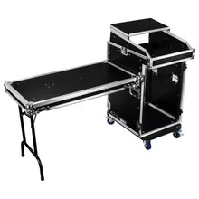 14U Top Slanted 16U Bottom Vertical Pro Combo Rack with Casters, Side Table, and Glide Platform