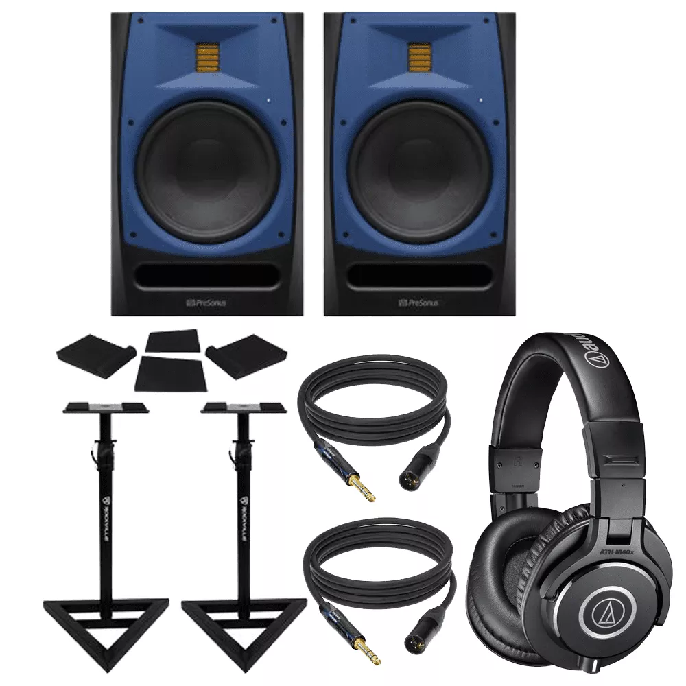 (2) Presonus R80 150w Active Powered 8″ AMT Studio Monitors + Stands + Mogami Cables + Audio-Technica ATH-M40x Monitor Headphones