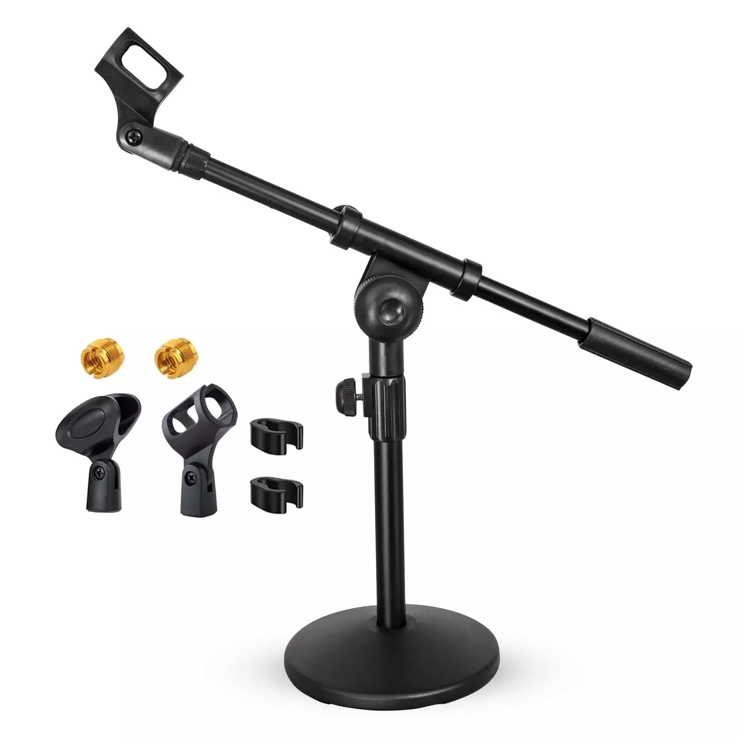 5Core Mic Stand Desk Adjustable Extendable Boom Arm Table Microphone Holder w Round Base Anti Slip Pad + Mic Clip + 3/8'' & 5/8'