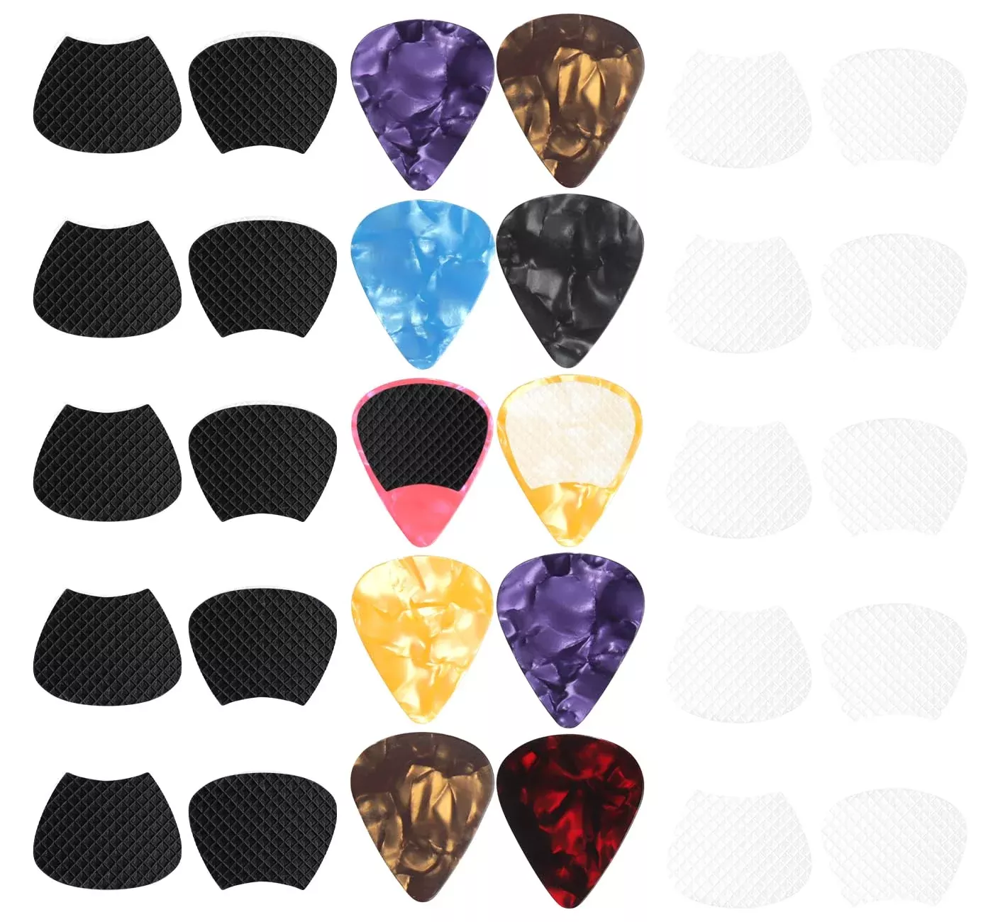 60pcs Guitar Picks & Grips - 30pcs Transparent & 30pcs Black Anti-Slip Silicone Soft Grips with Two Thicknesses Guitar Picks, Se
