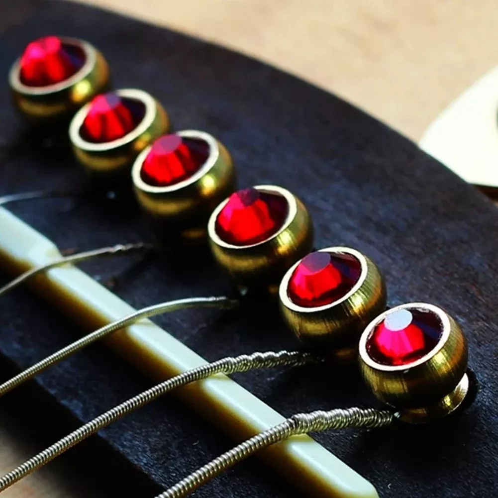 6Pcs Bridge Pin Copper Material Folk Acoustic Guitar Bridge Pin Peg Nail with Colorful Crystal Glass Dot(Red)