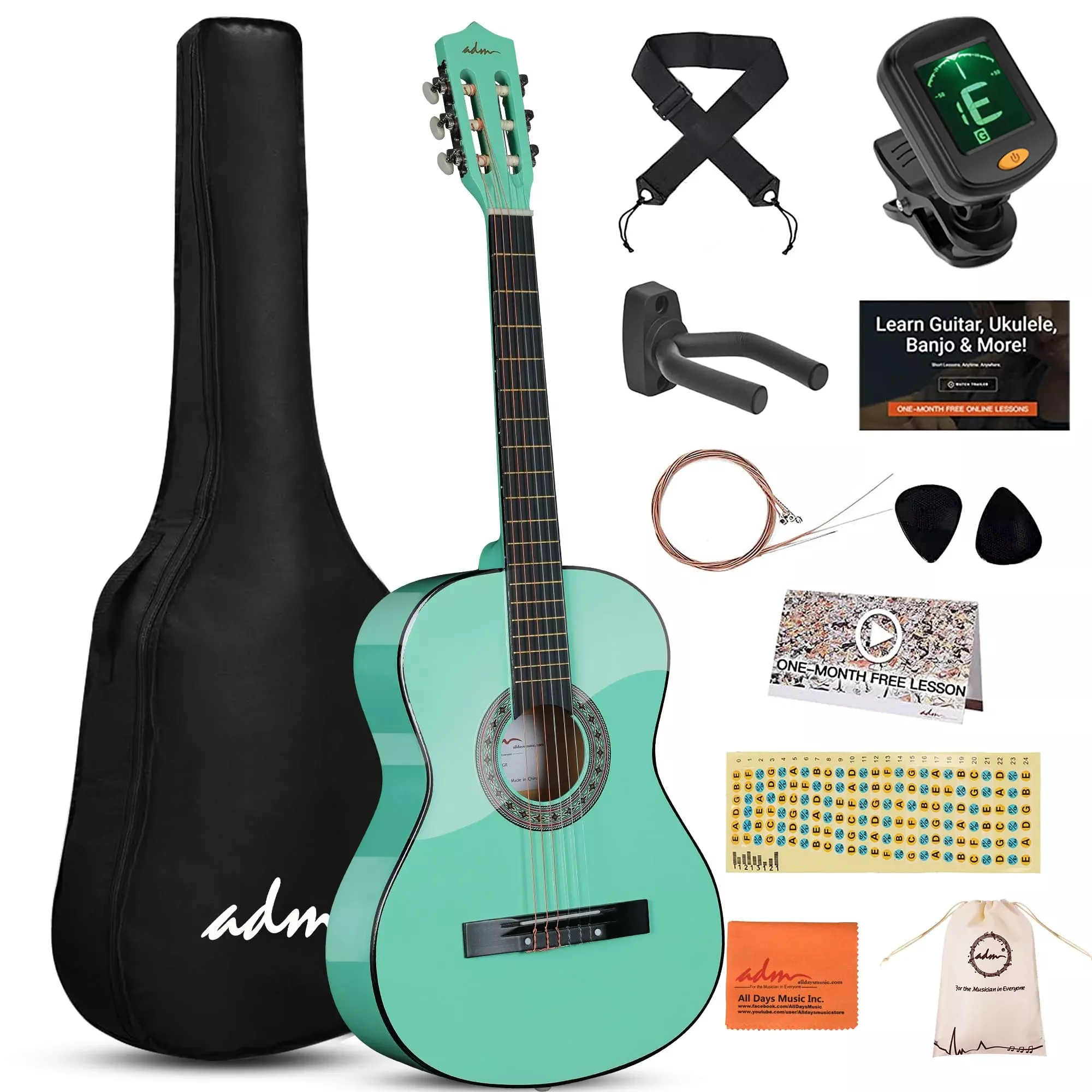 ADM Beginner Acoustic Classical Guitar 38 Inch Nylon Strings Wooden Guitar Bundle Kit for Kid Boy Girl Student Youth Guitarra On