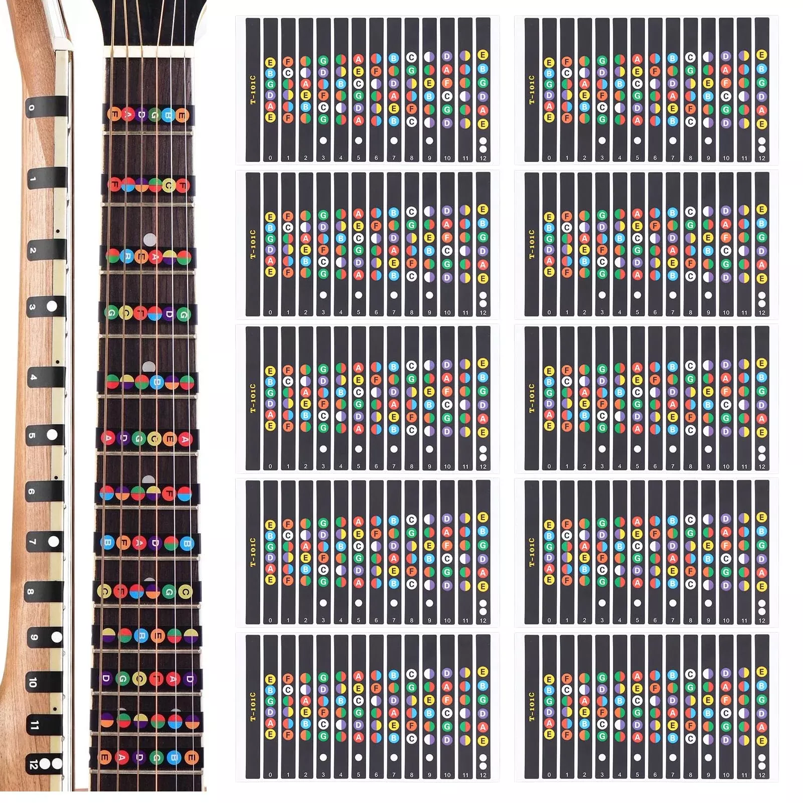Agatige 10 Sheet Guitar Fretboard Stickers, Coded Note Scale Decals for Beginner Learner Practice(Full Color Surface)