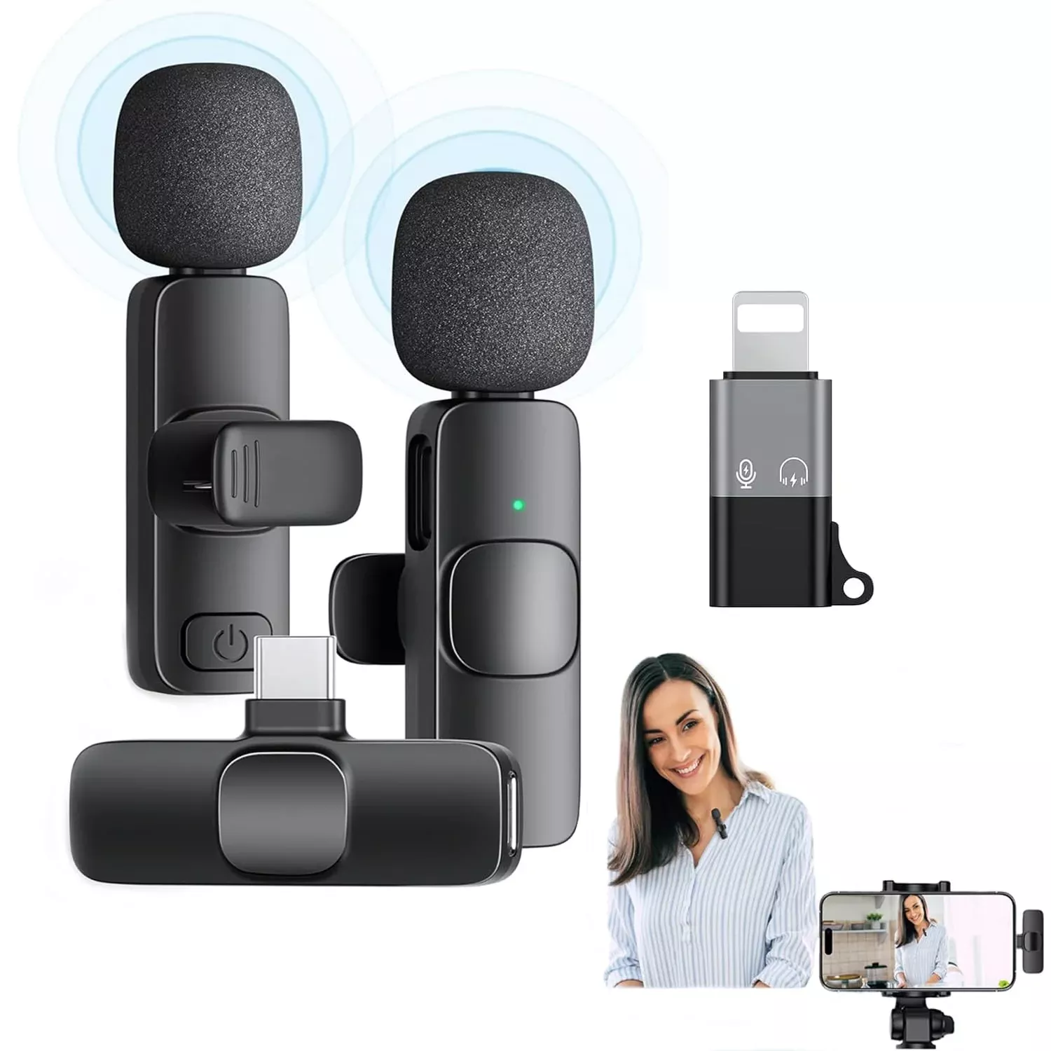 Aoiutrn Wireless Lavalier Microphone for iPhone and USB C, 2 in 1 Mini Clip-on Wireless Lapel Mics Compatible with iPhone,iPad,