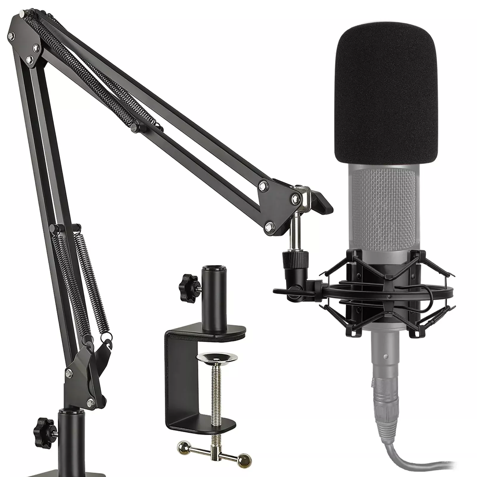 AT2020 Mic Stand with Shock Mount and Pop Filter, Suspension Scissor Boom Arm with Upgraded Heavy Duty Clamp for Audio Technica