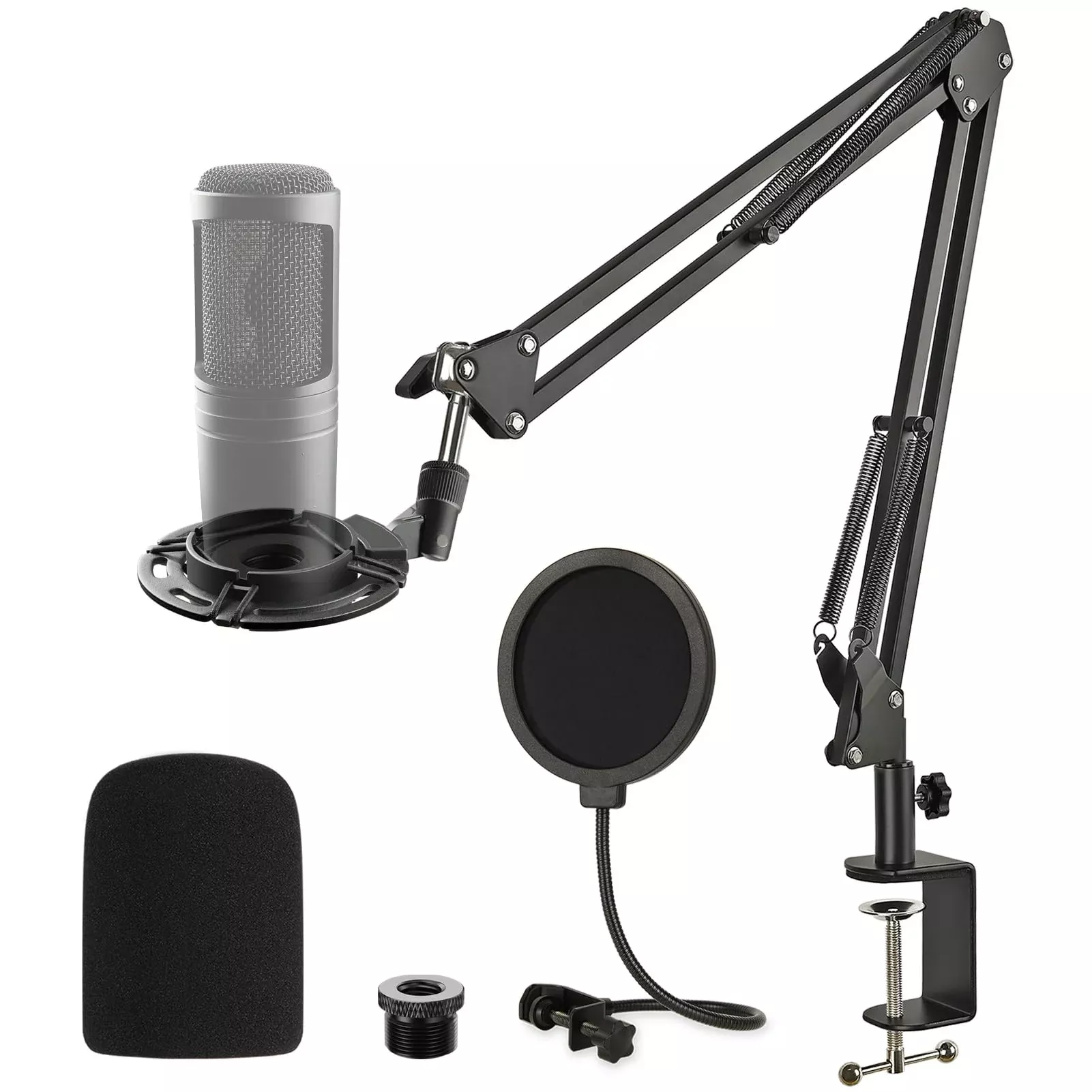 Audio Technica AT2020 Mic Boom Arm Suspension Scissor Stand with Shock Mount, Pop Filter Foam Windscreen, Upgraded Heavy Duty Cl