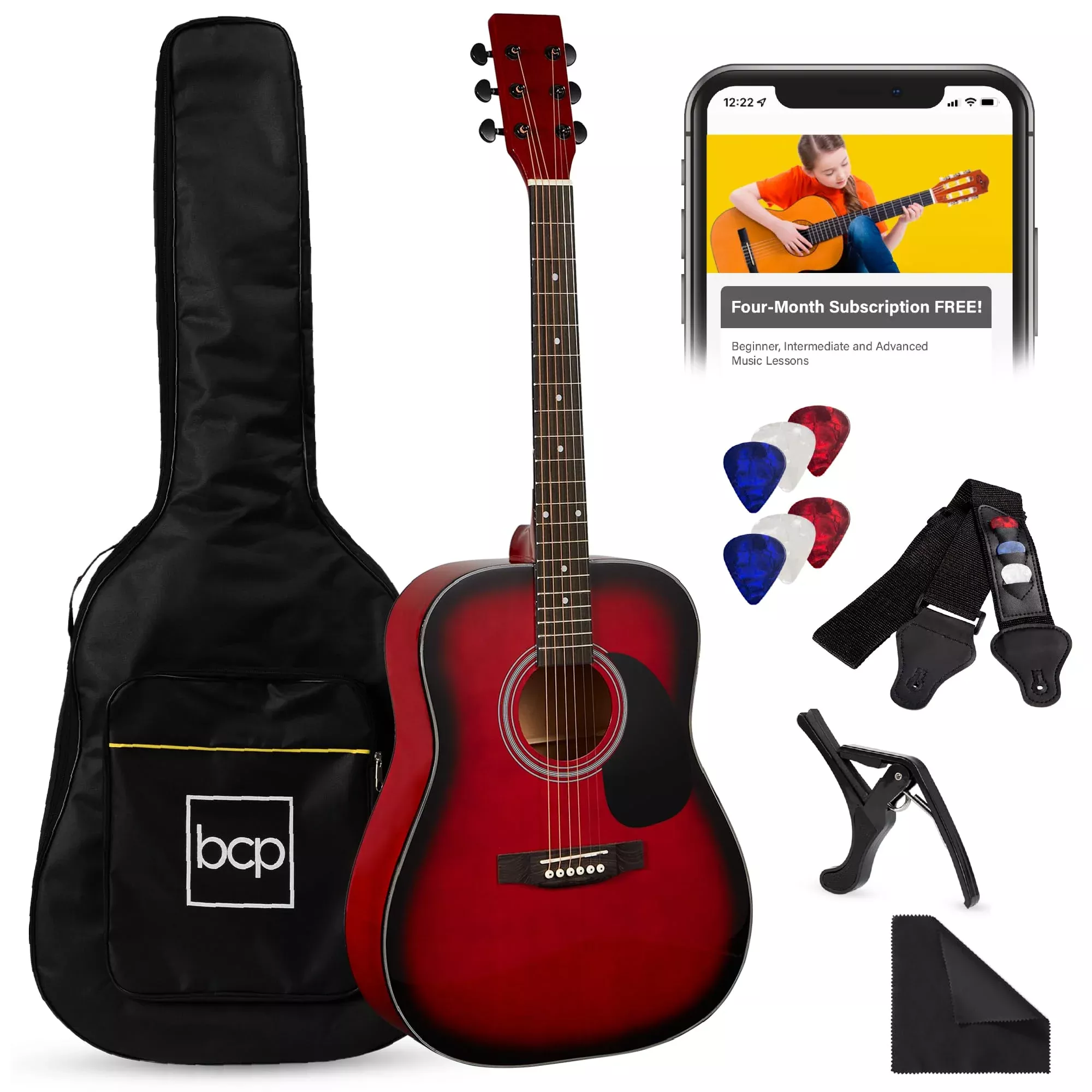 Best Choice Products 41in Full Size Beginner All Wood Acoustic Guitar Starter Set w/Case, Strap, Capo, Strings, Picks - Natural