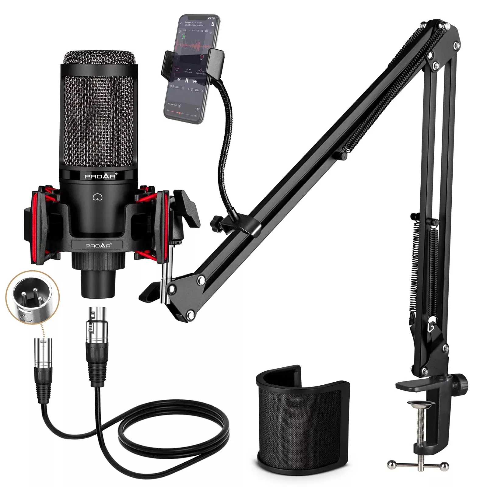 Condenser Microphone XLR,Professional Studio Recording Microphone for Computer PC,Cardioid Podcast Mic Kit with Boom Arm,Gaming