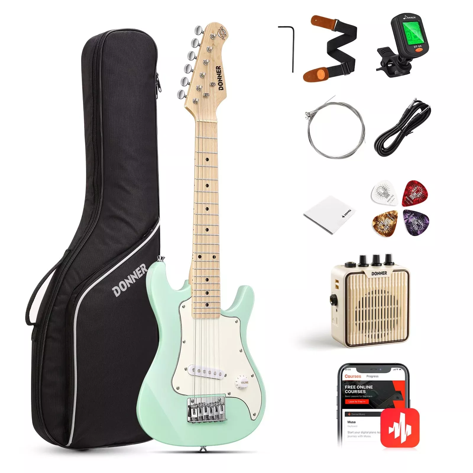 Donner 30 Inch Junior Electric Guitar Beginner Kit ST Style Mini Electric Guitar Starter Package for Teens with Amp, 600D Bag, T