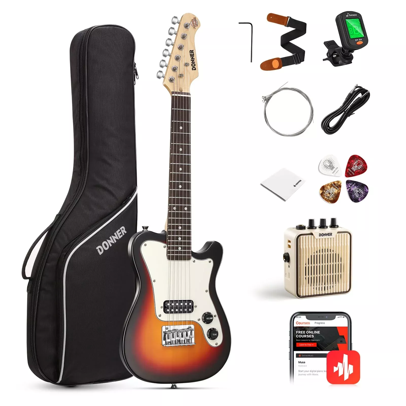 Donner 30 Inch Kids Electric Guitar Beginner Kit TL Style Mini Electric Guitar for Kids with Amp, 600D Bag, Tuner, Picks, Cable,