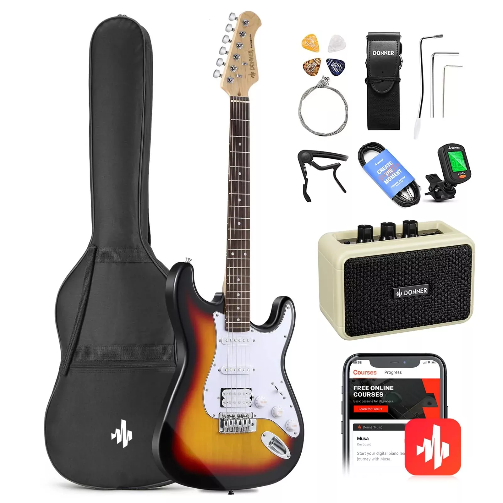 Donner DST-100S 39 Inch Full Size Electric Guitar Kit Solid Body Sunburst, Beginner Starter, with Amplifier, Bag, Capo, Strap, S