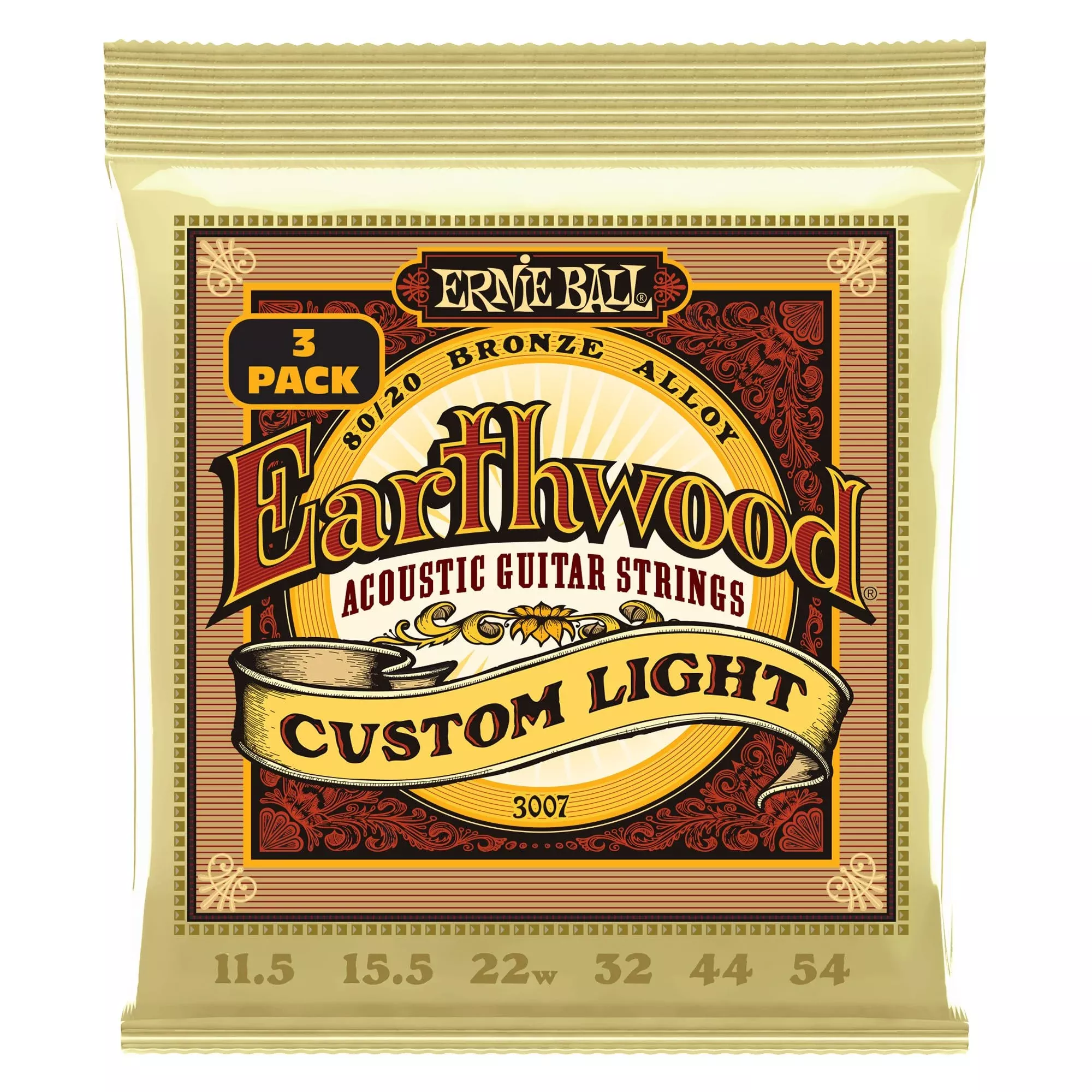 Ernie Ball Earthwood Custom Light 80/20 Bronze Acoustic Guitar Strings, 3-pack, 11.5-54 Gauge (P02007)