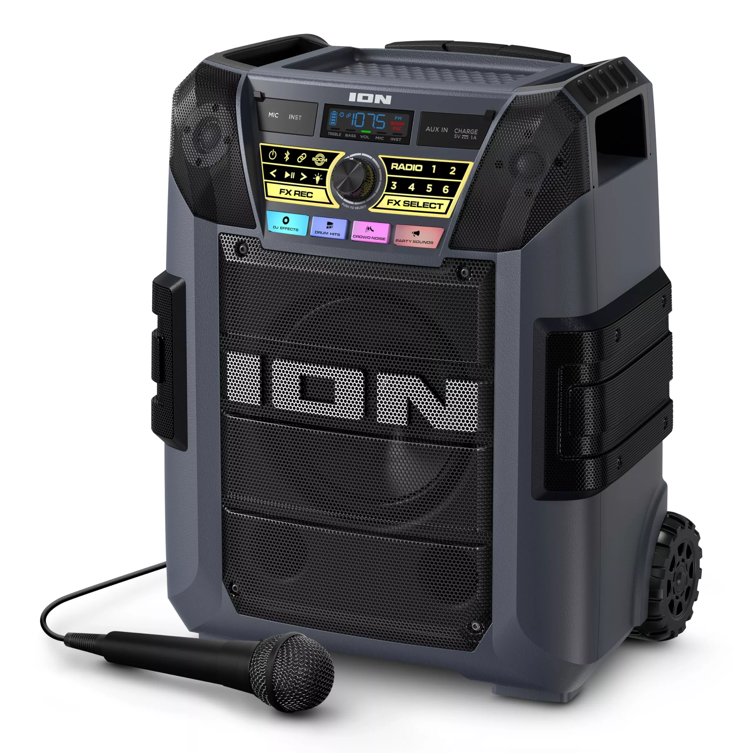 ION Block Rocker XL - Portable Bluetooth Outdoor Party Speaker, 220W, with Karaoke Microphone, Battery, 5 Speakers, Lights, Radi