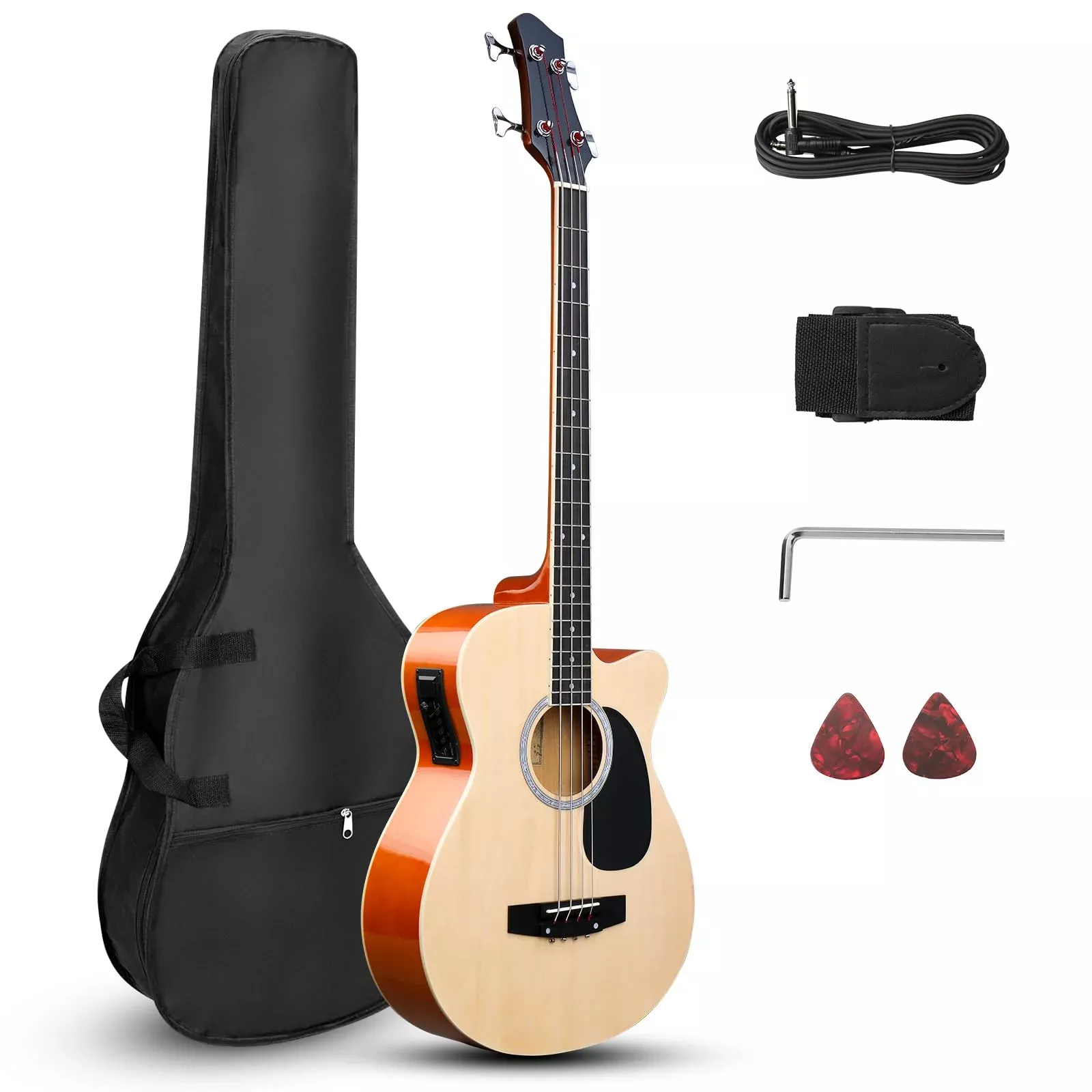 Ktaxon 4 String Acoustic Bass Guitar, Full Size Bass Guitar Kit with Portable Guitar Bag, Premium Cable, Wrench, Strap, Plectrum