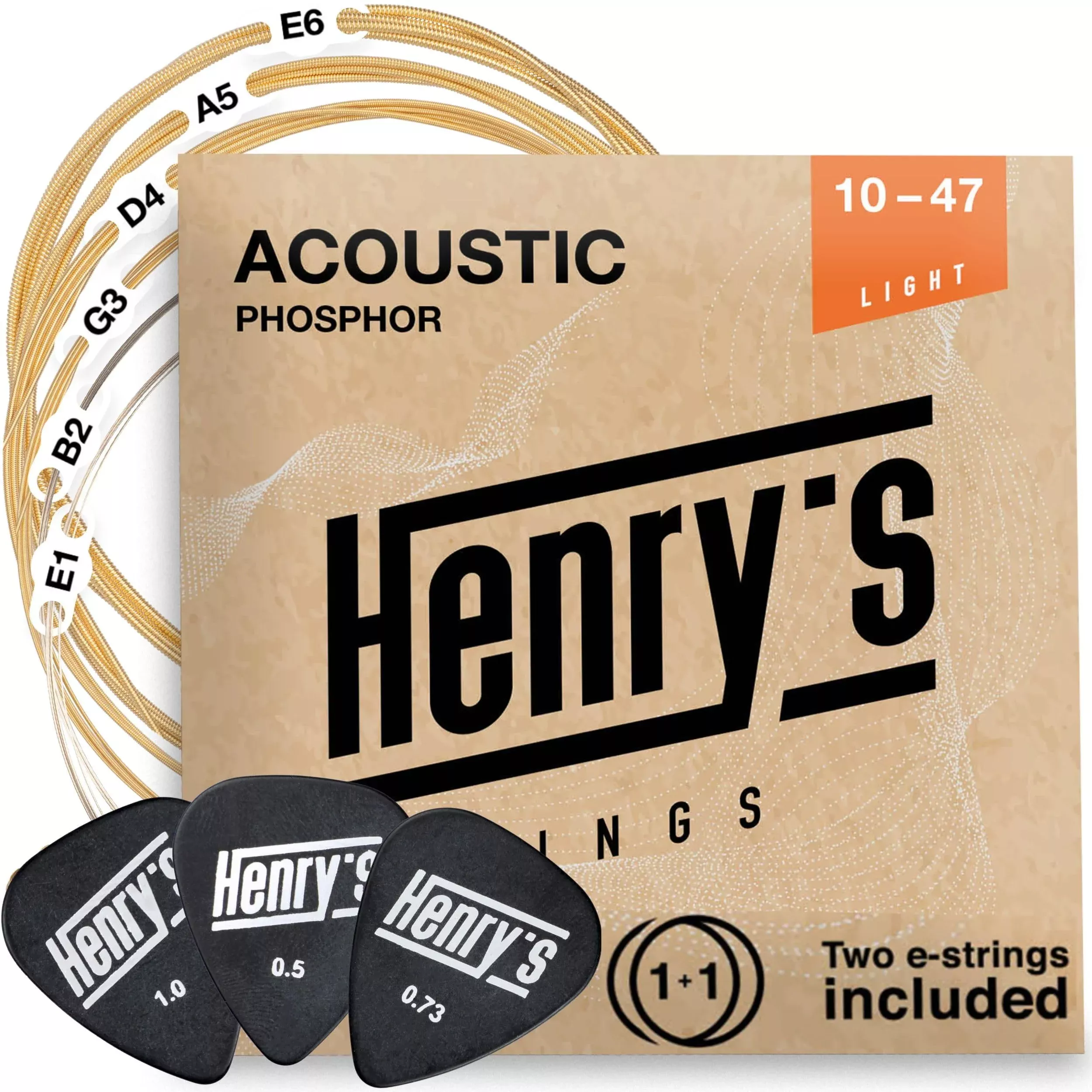 Light Acoustic Guitar Strings 10-47 - Brilliant Sound & Extra E1 String & 3xGuitar Picks - Phosphor Bronze Guitar Strings Acoust