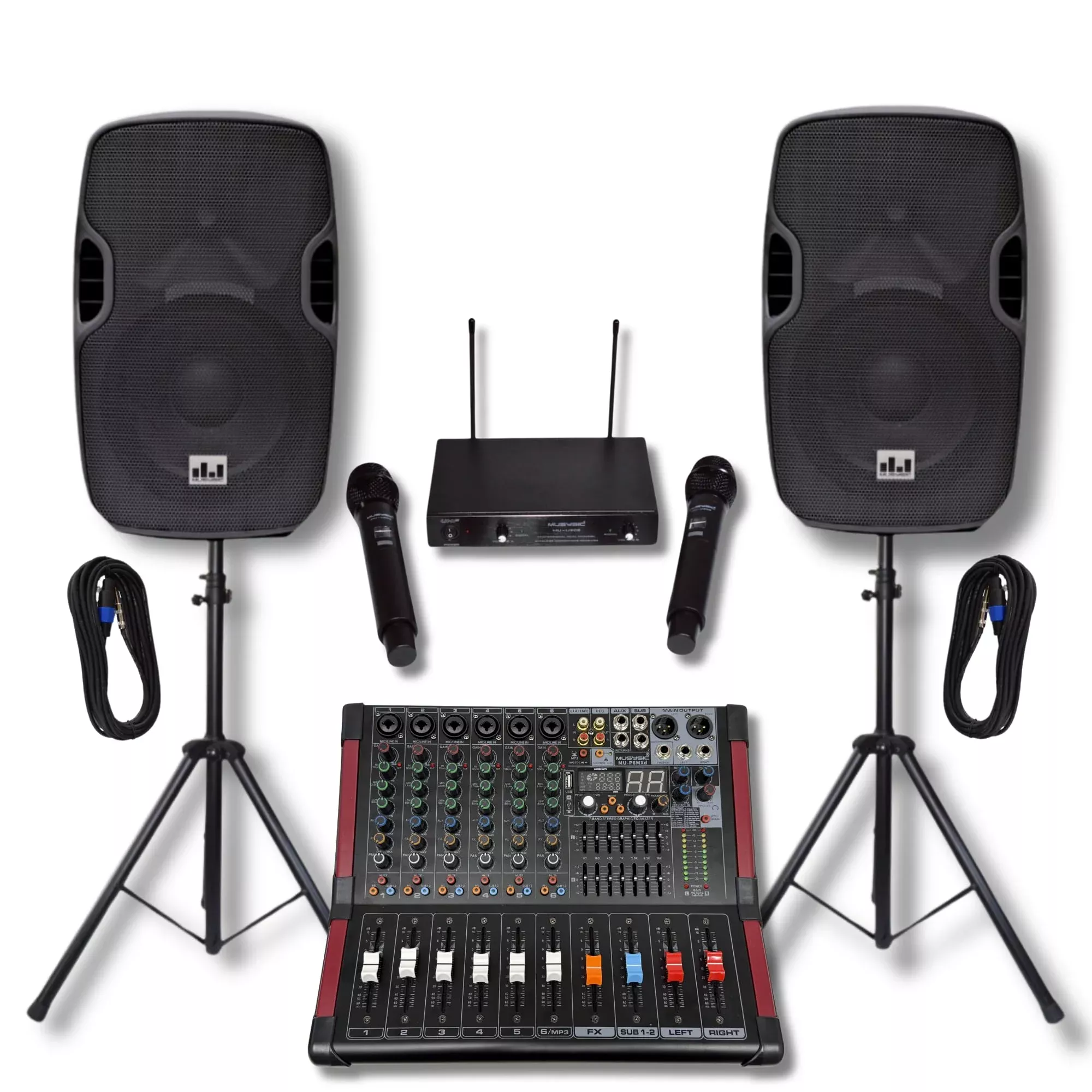 MUSYSIC Portable PA System with Wireless Microphone and Speakers - 6 Ch Audio Mixer with Built-in 2000W Amp & Wireless UHF Micro
