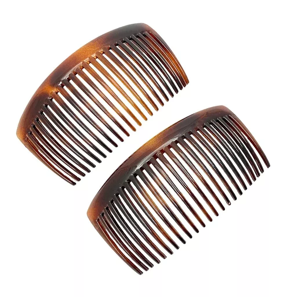 Parcelona French Glossy 23 Teeth Large 4 1/4'' Celluloid Acetate Set of 2 No Slip Grip Side Hair Combs for Women, Made in France