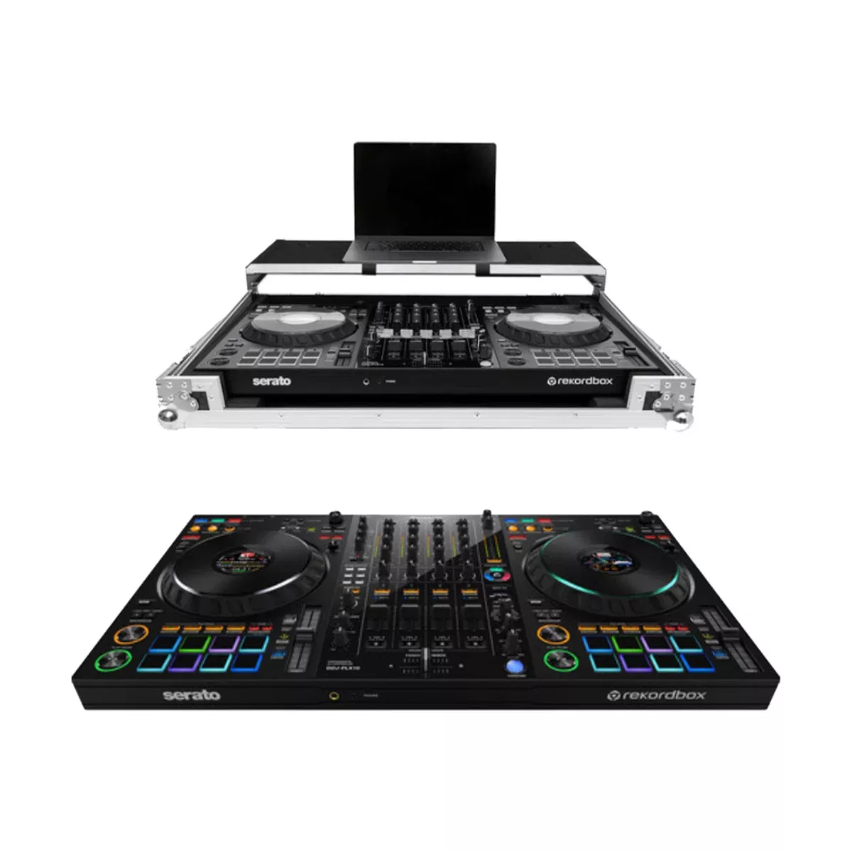 Pioneer DJ DDJ-FLX10 DJ Controller + Headline Laptop Platform & Wheels Flight Case