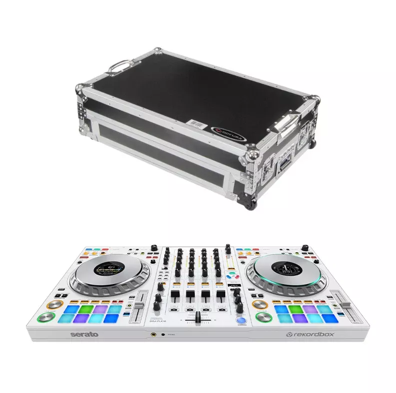 Pioneer DJ DDJ-FLX10-W + Odyssey DDJ-FLX10 Flight Case with Glide-Style Laptop Platform and Corner Wheels (Black/Silver)