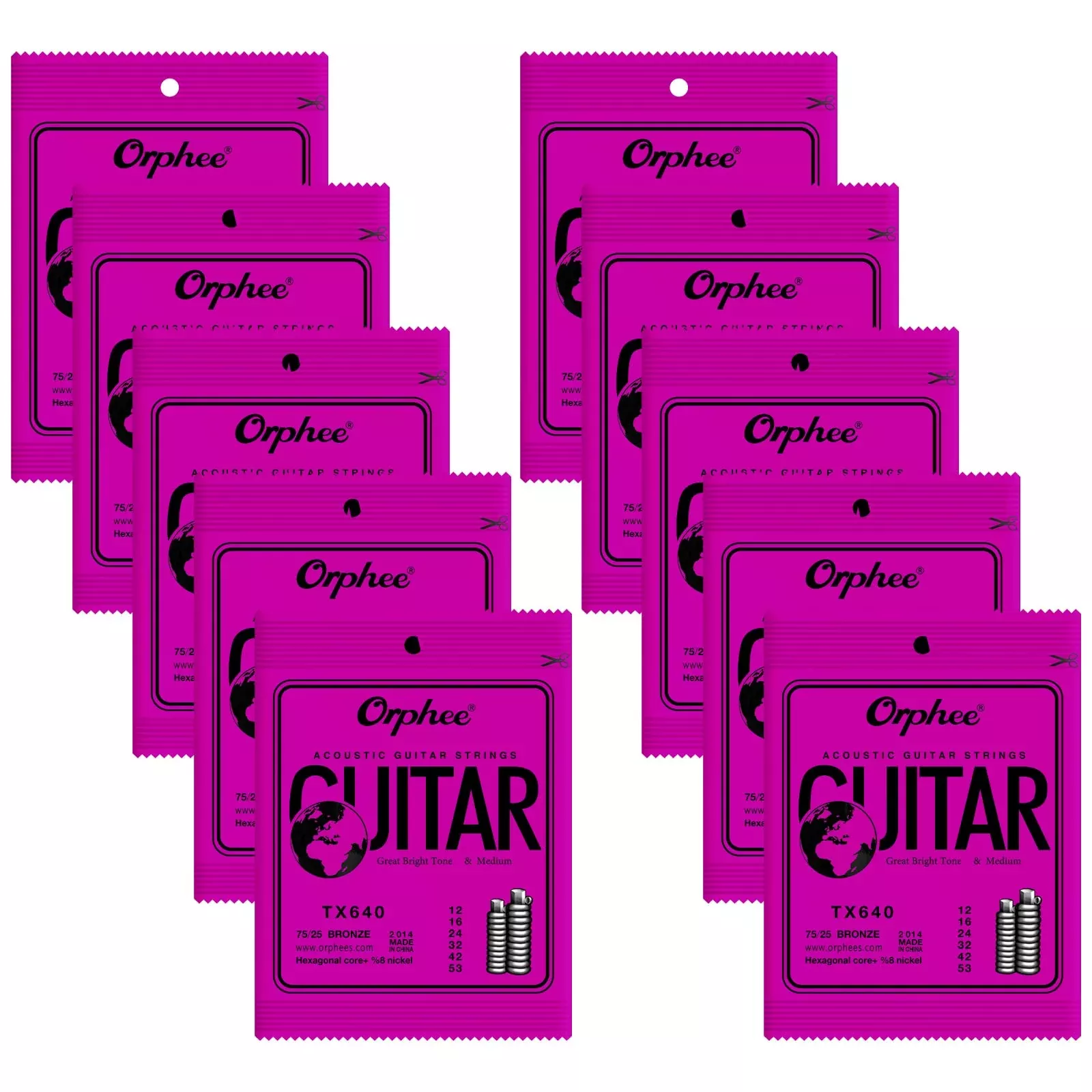 POGOLAB Guitar Strings, Acoustic Guitar Strings, 6 Strings Set, Hexagonal Carbon Core 75/25 Bronze, Light, 12-53, 10 Packs