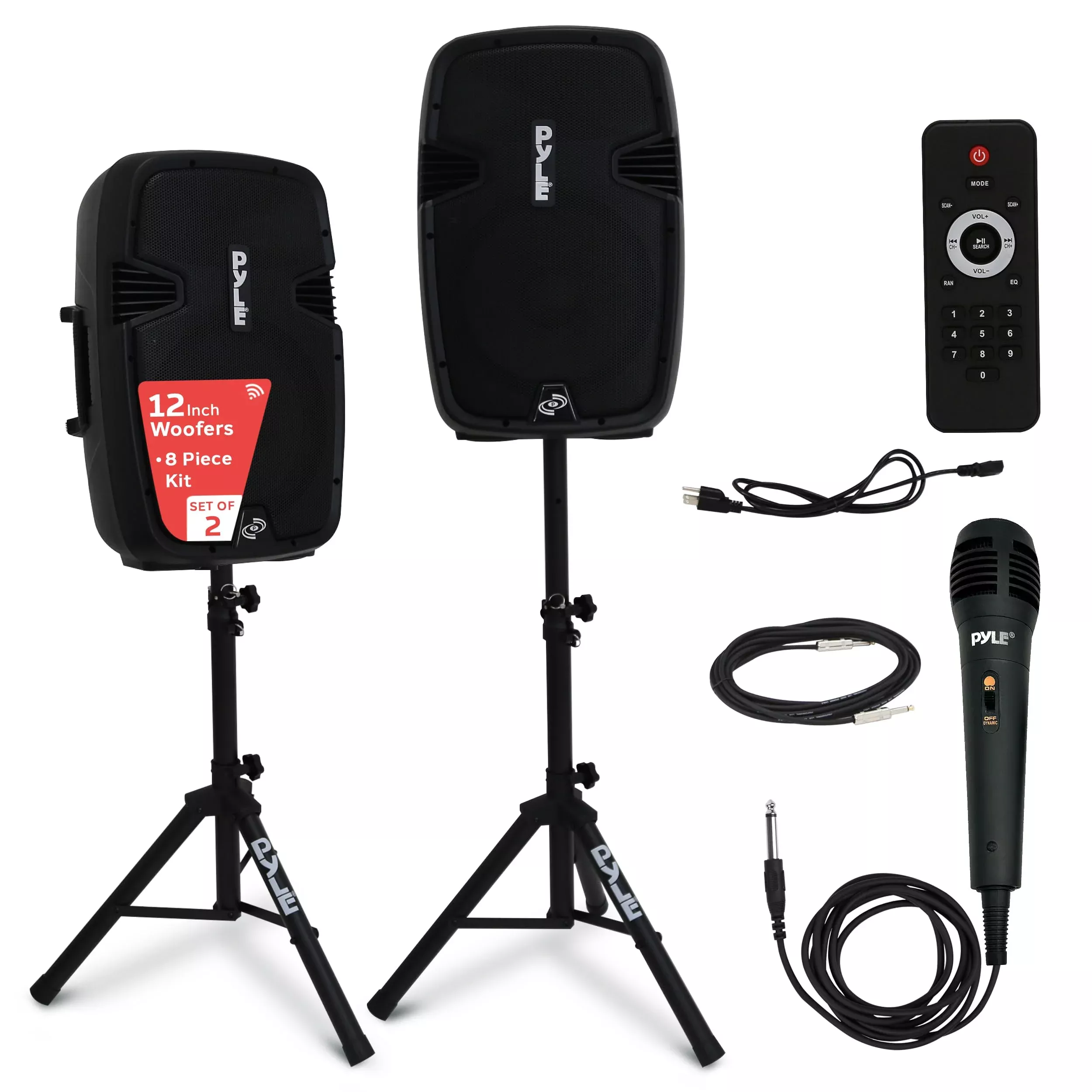 Pyle 12 Inch Active Passive Portable Bluetooth Wireless PA Dual Loudspeaker Sound System Kit with Wired Microphones, Speaker Sta