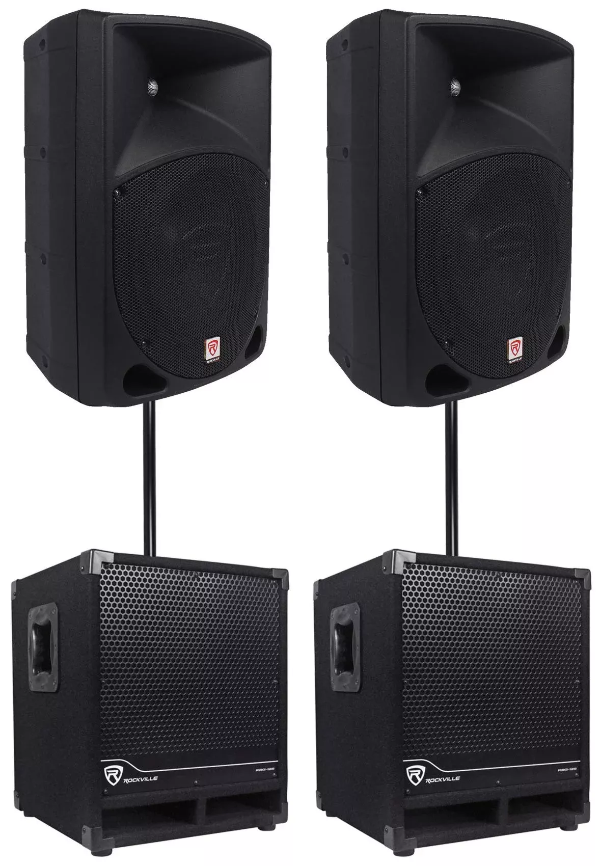 Rockville 2 RPG10 10'' Powered 600W DJ PA Speakers+2 Subwoofers+Mounting Poles