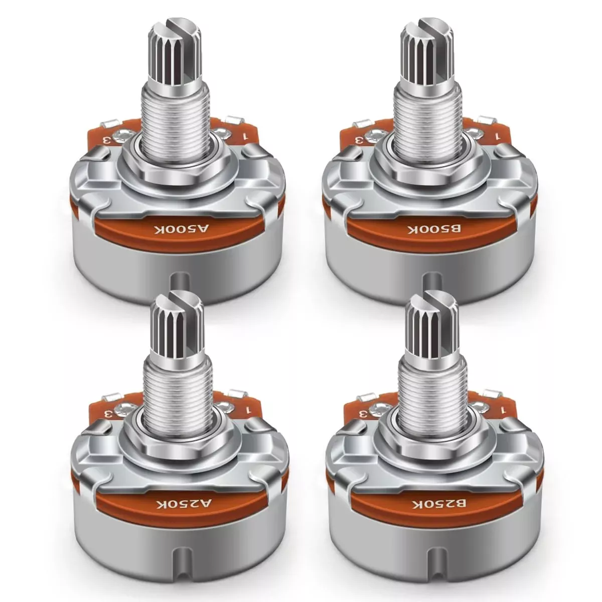 SAPHUE 4PCS A250K+B250K+A500K+B500K Push Pull Potentiometer Brass Metric Coarse 18-Spline Split Shaft Pots Audio Taper Potentiom