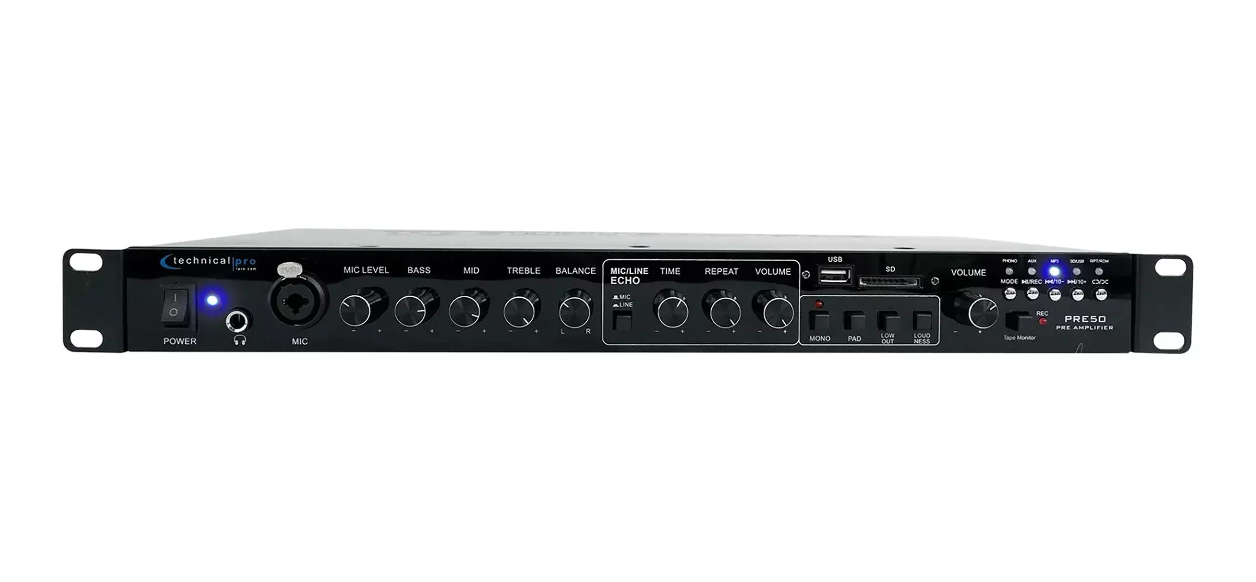 Technical Pro PRE50 2-Channel Rechargeable Pre-Amp w/ USB & SD Preamp