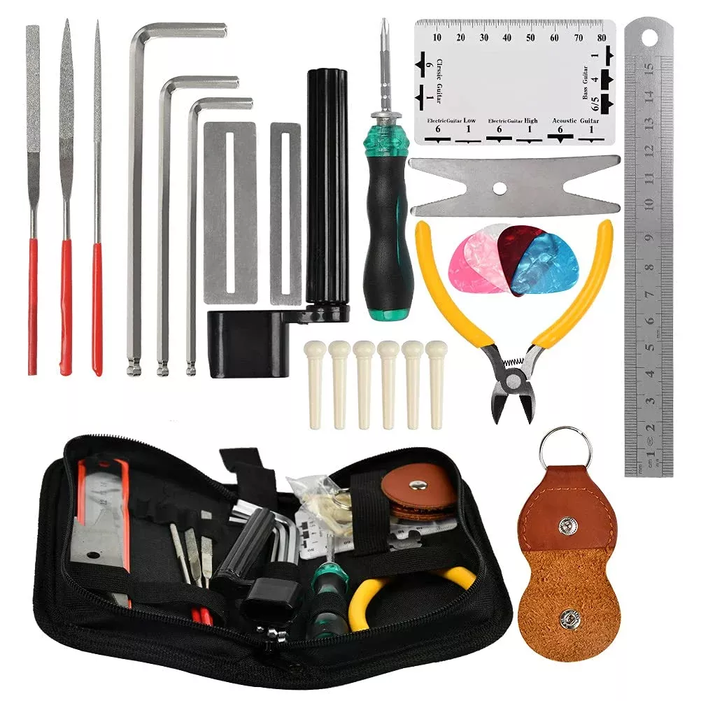 TIMESETL Guitar Repairing Tool Kit with Wire Plier, String Organizer, Fingerboard Protector, Hex Wrenches, Files, String Action