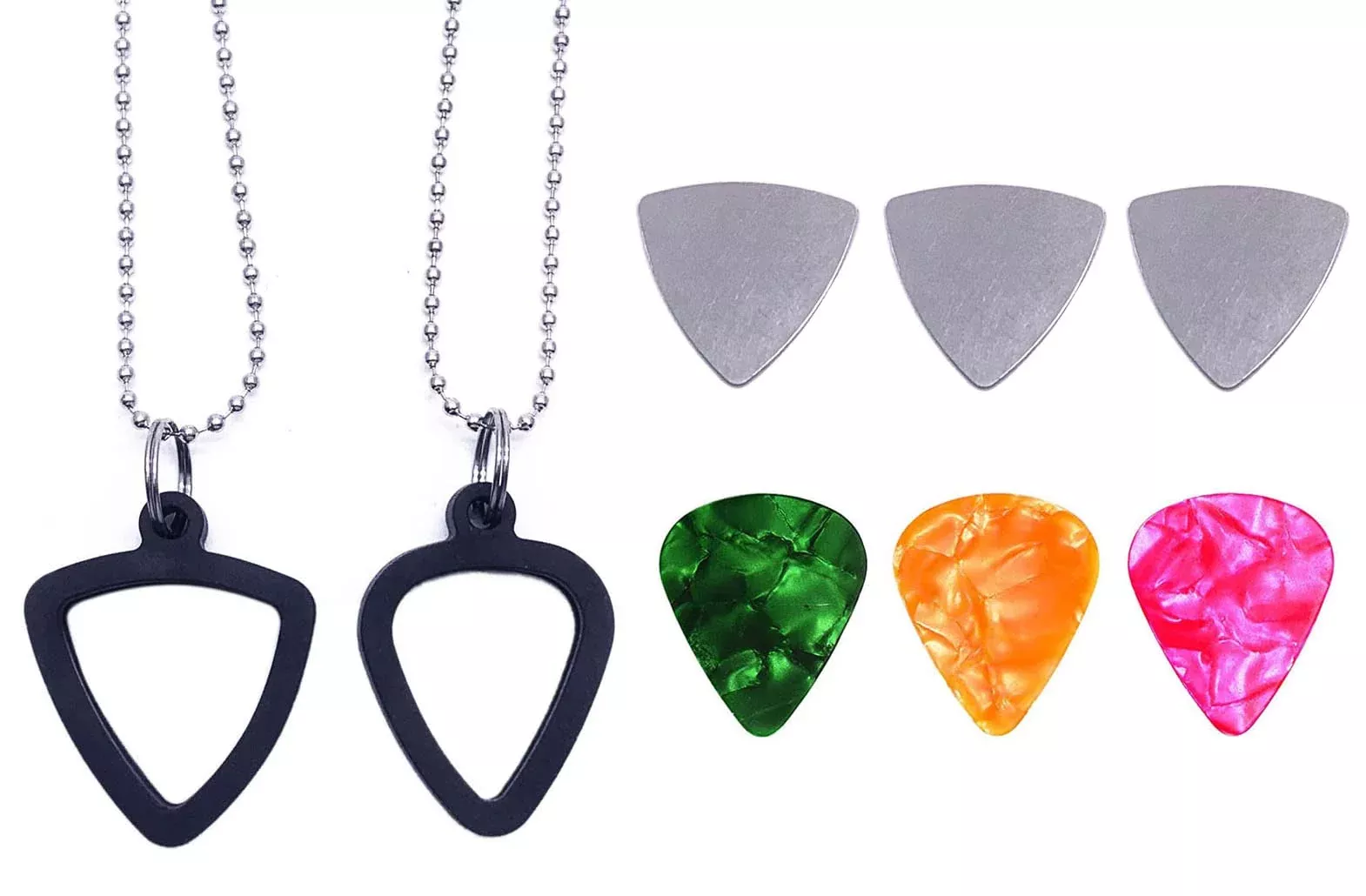 TUOREN 2 Set Guitar Pick Holder Necklace with 3pcs Stainless Steel Picks 3 Colorful Celluloid Pick for Electric Guitar Bass Ukul