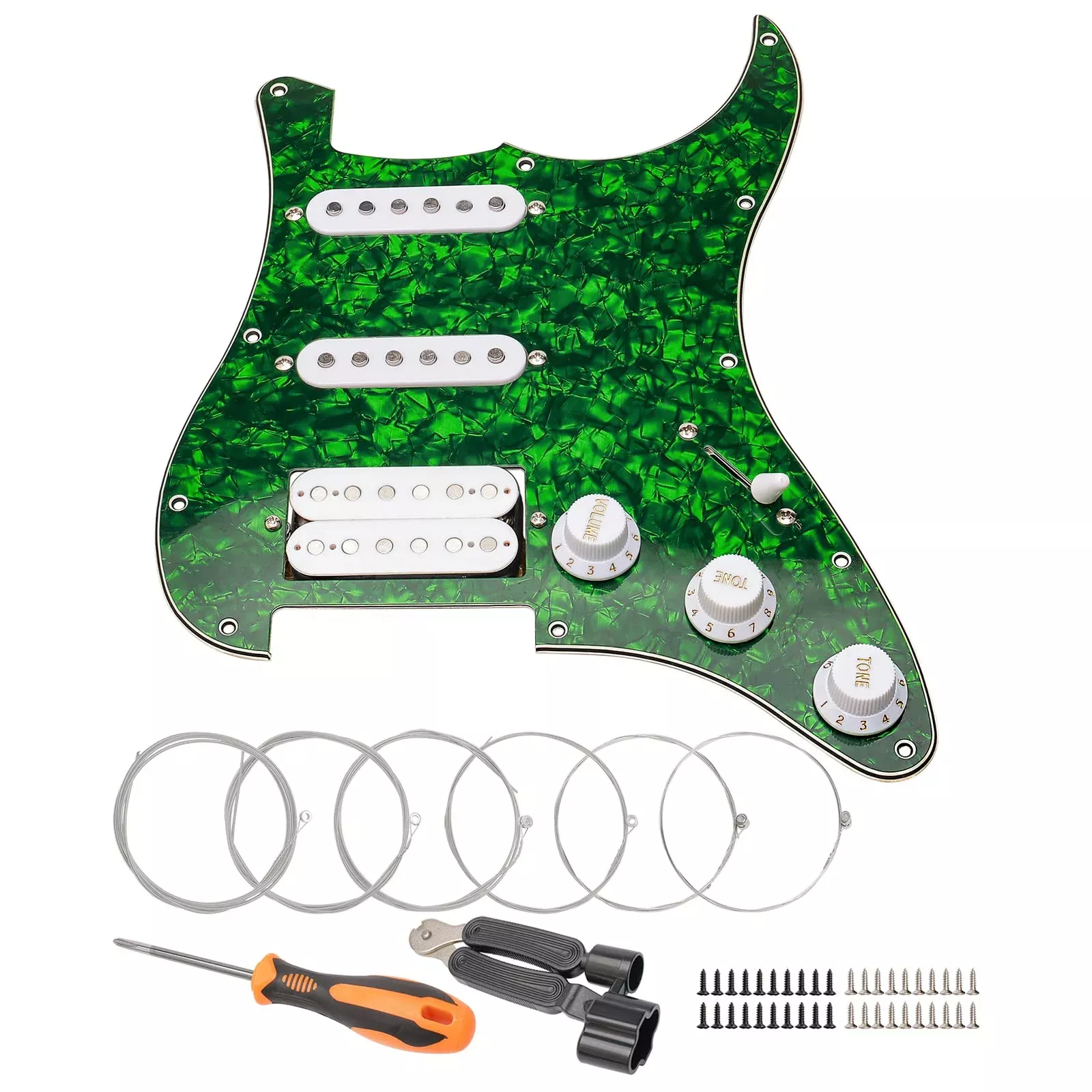 Unxuey 11 Hole Loaded Guitar Pickguard SSH with White Pickup Humbucker Prewired Scratch Plate Set for Fender Stratorcast, 4 Ply