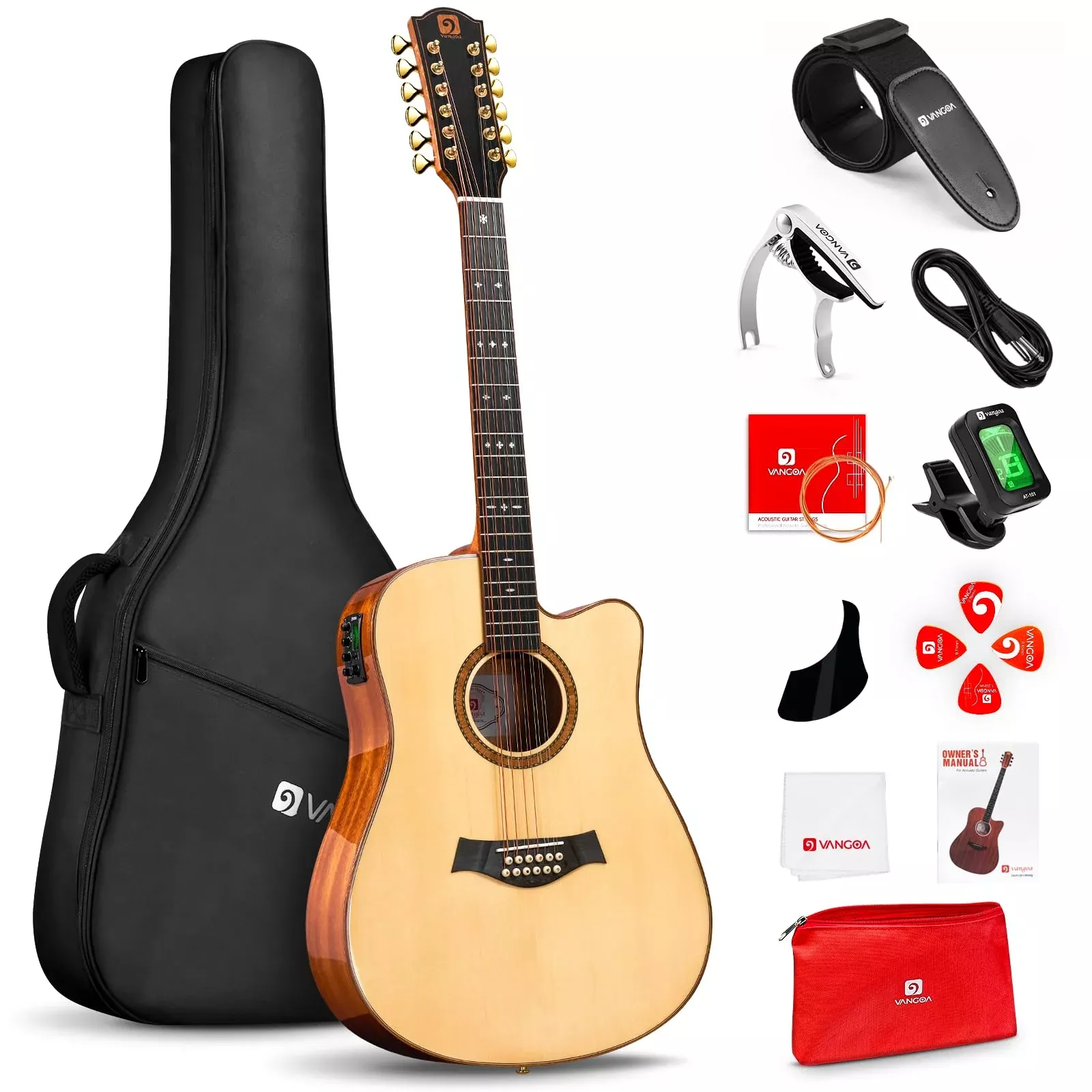 Vangoa Advanced 12 String Guitar Full Size Twelve String Acoustic Electric 4 Band EQ Electroacoustic Guitar Set for Beginner Adu