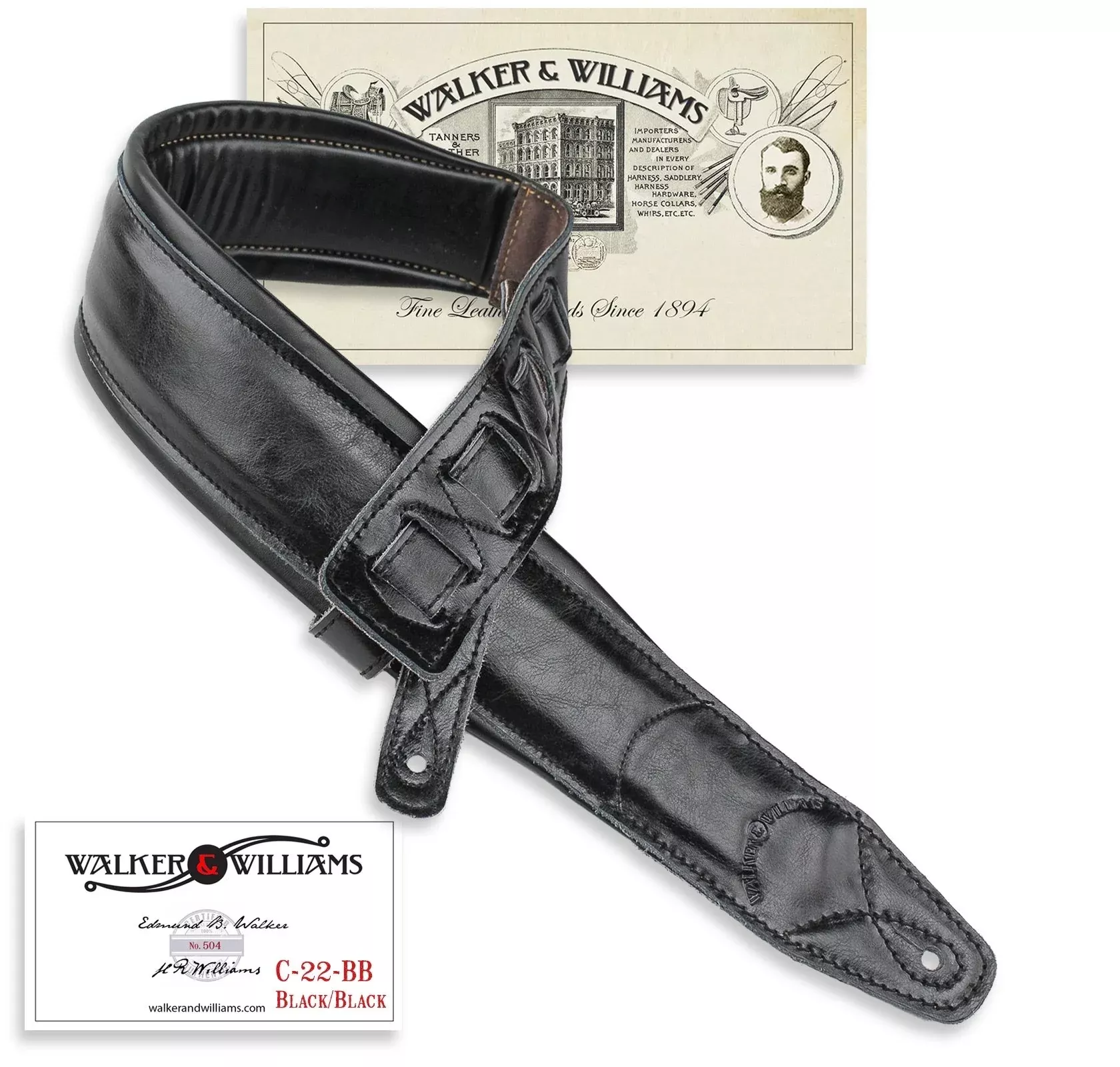 Walker & Williams C-22-BB Black on Black Premium Top Grain Leather Double Padded Guitar Strap Extra Wide For Acoustic, Electric,