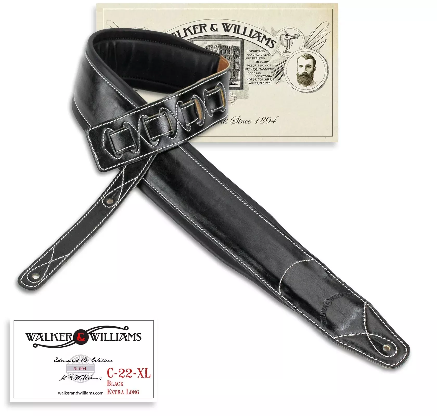 Walker & Williams C-22-XL Premium Black Grain Leather Guitar Strap Extra Long Double Padded up to 61'' For Acoustic, Electric, A