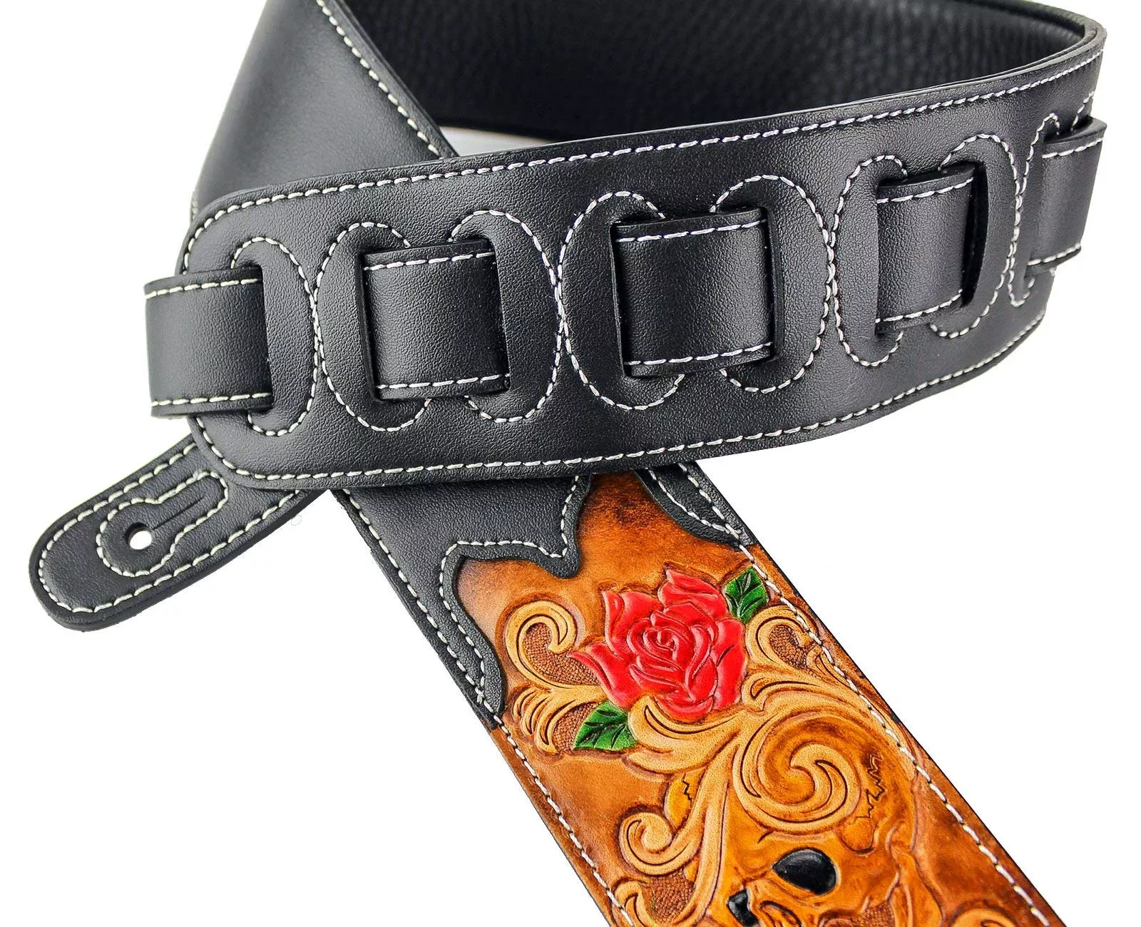 Walker & Williams CVG-12 Black Leather Guitar Strap With Hand Tooled Grateful Skull & Roses For Acoustic, Electric, And Bass Gui