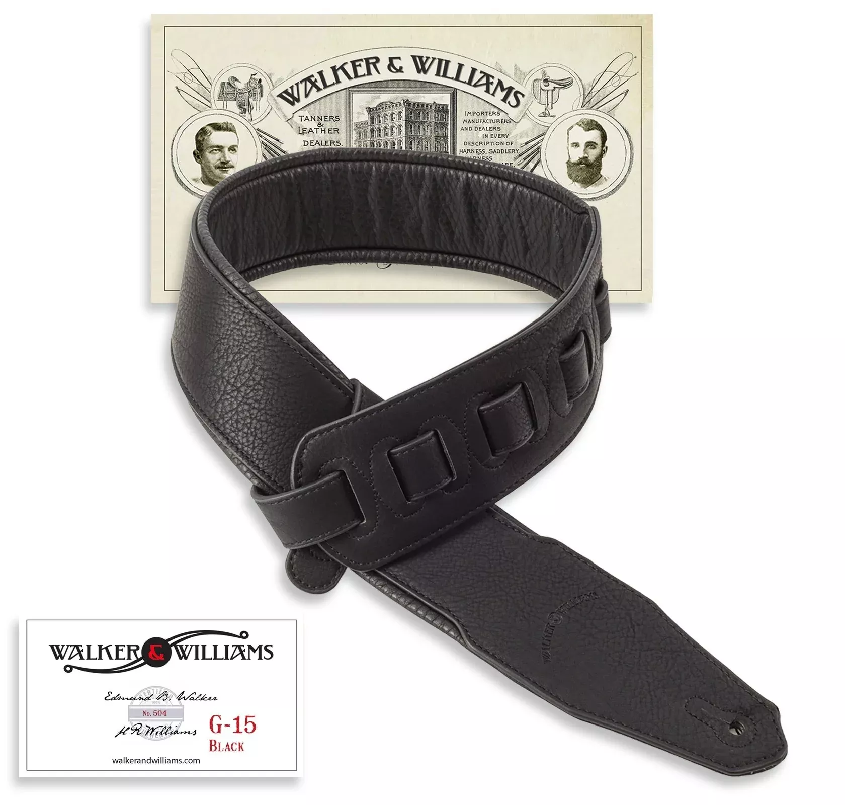 Walker & Williams G-15 Black Leather Natural Texture Guitar Strap with Thick Padding For Acoustic, Electric, And Bass Guitars