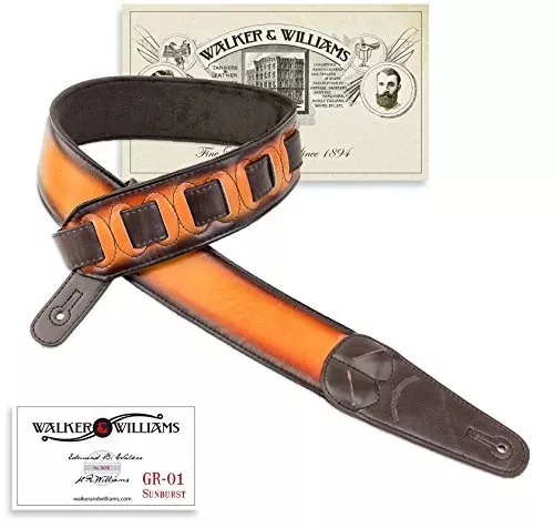 Walker & Williams GR-01 Sunburst Finish Guitar Strap with Pick Pockets & Padded Velour Back For Acoustic, Electric, And Bass Gui