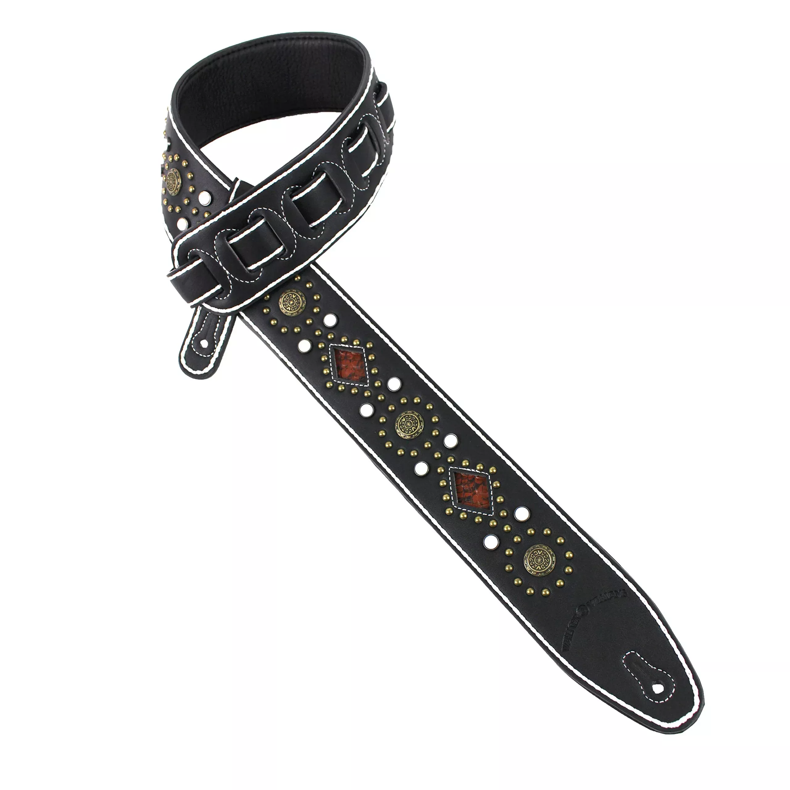 Walker And Williams GTR-20-WHT Sedona Special Premium Black Padded Guitar Strap With White Stitching Brass Studs & Rivets For Ac