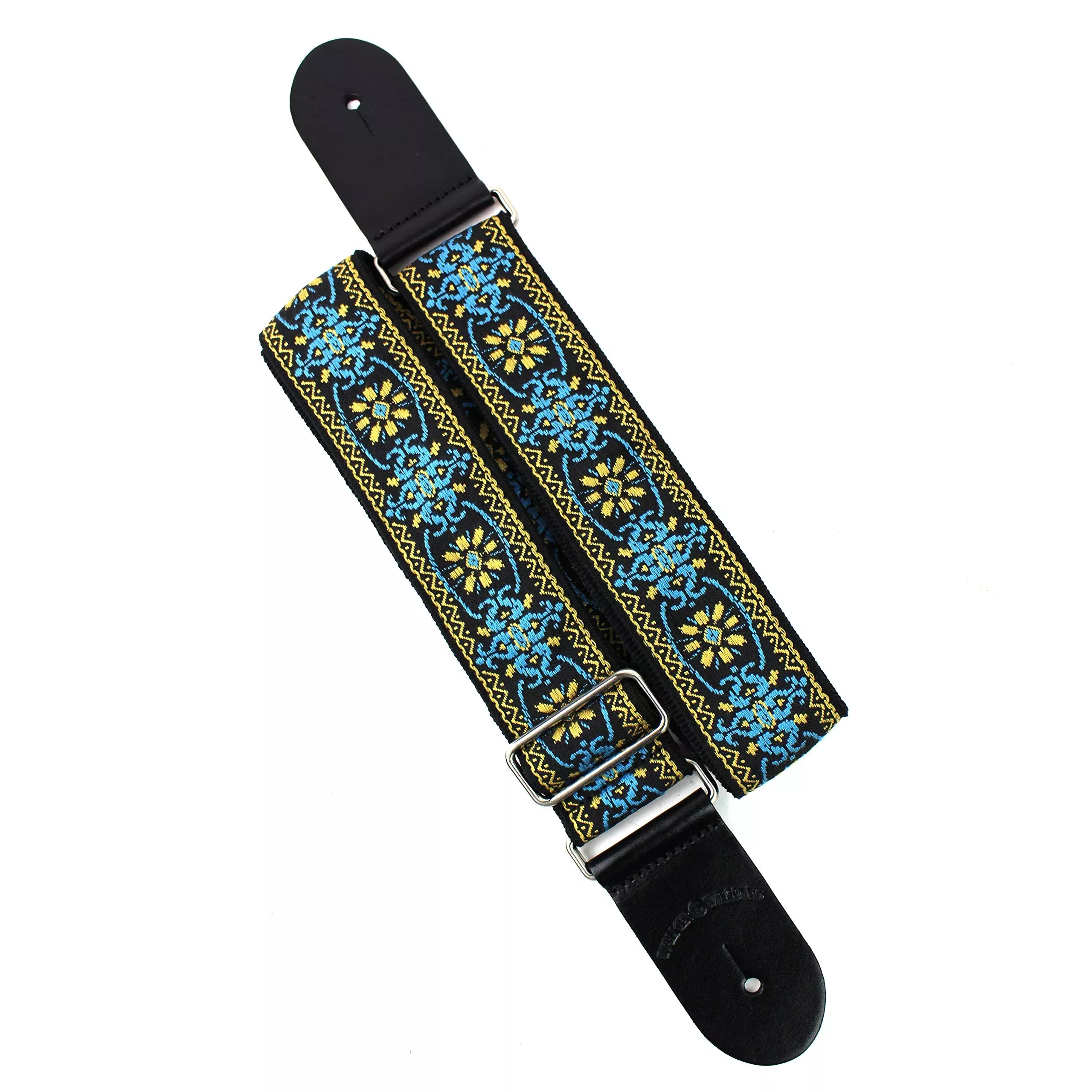 Walker & Williams H-01 Blue Woodstock Woven 60's Style Premium Woven Guitar Strap With Thick Leather Endcaps For Acoustic, Elect