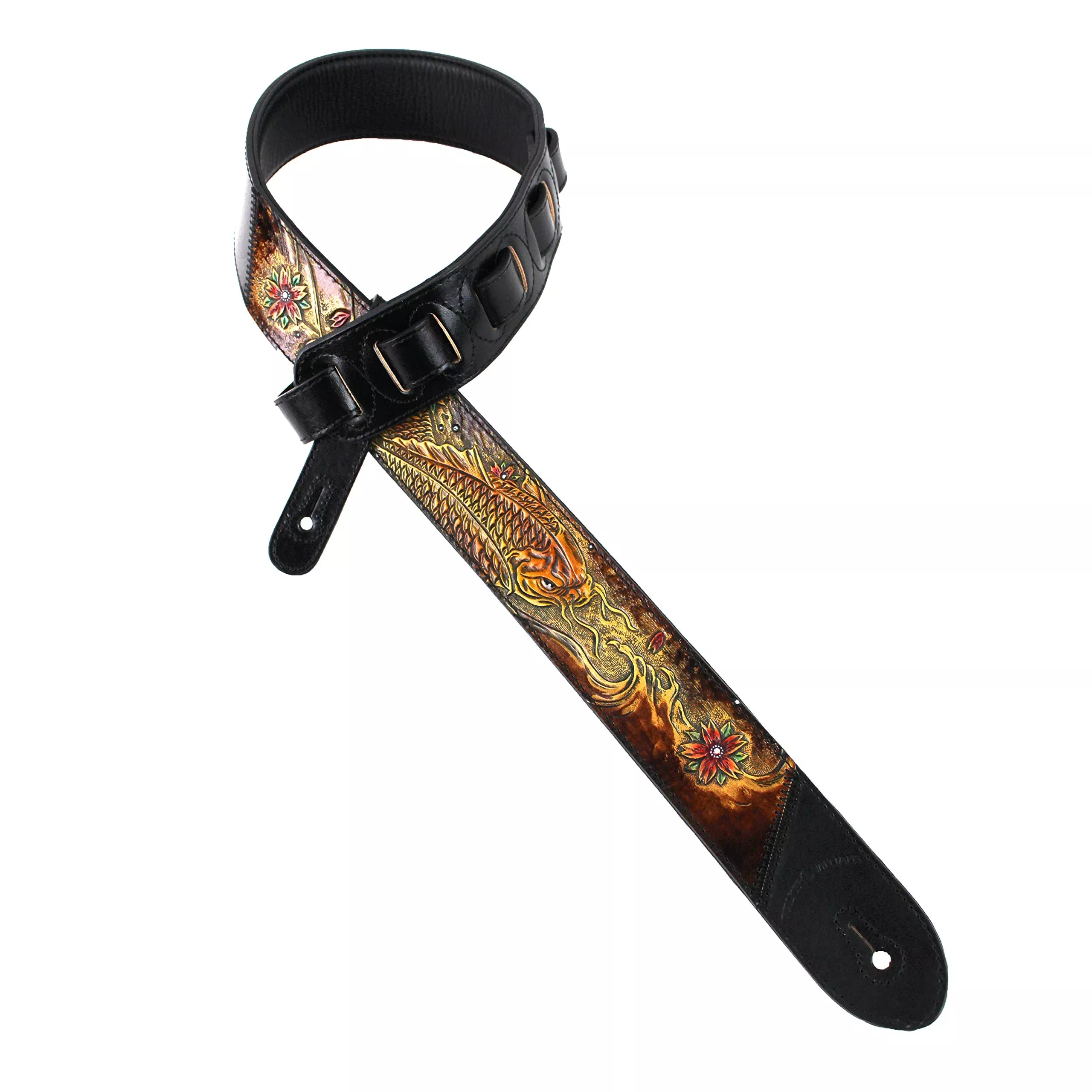 Walker And Williams KB-23 Skinny Series 2'' Wide Black & Umber Brown Premium Carved Grain Leather Padded Guitar Strap With Toole