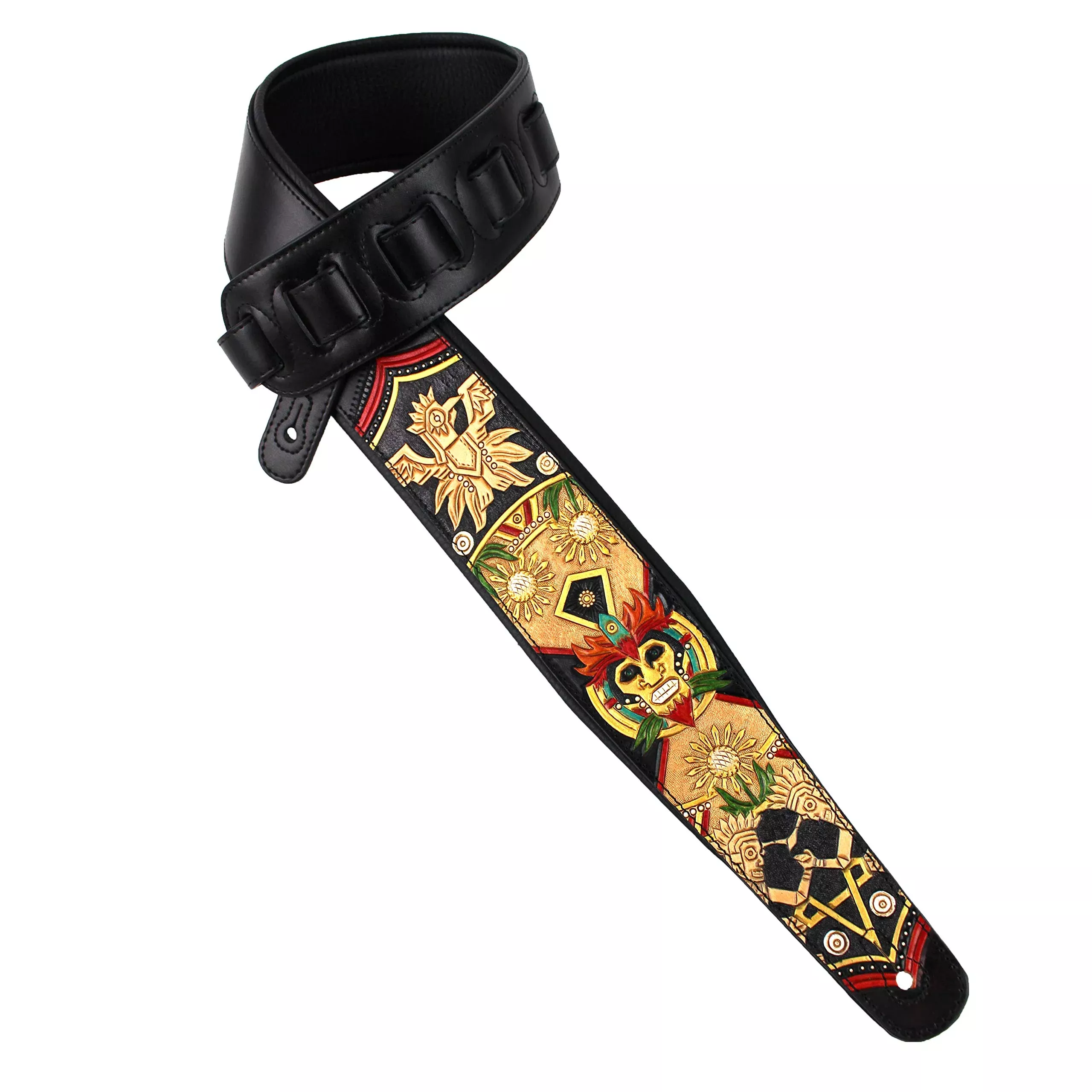 Walker And Williams KB-50-TN Handmade Heritage Series Black And Tan Guitar Strap With Multicolor Mayan Design On Tan Carved Leat
