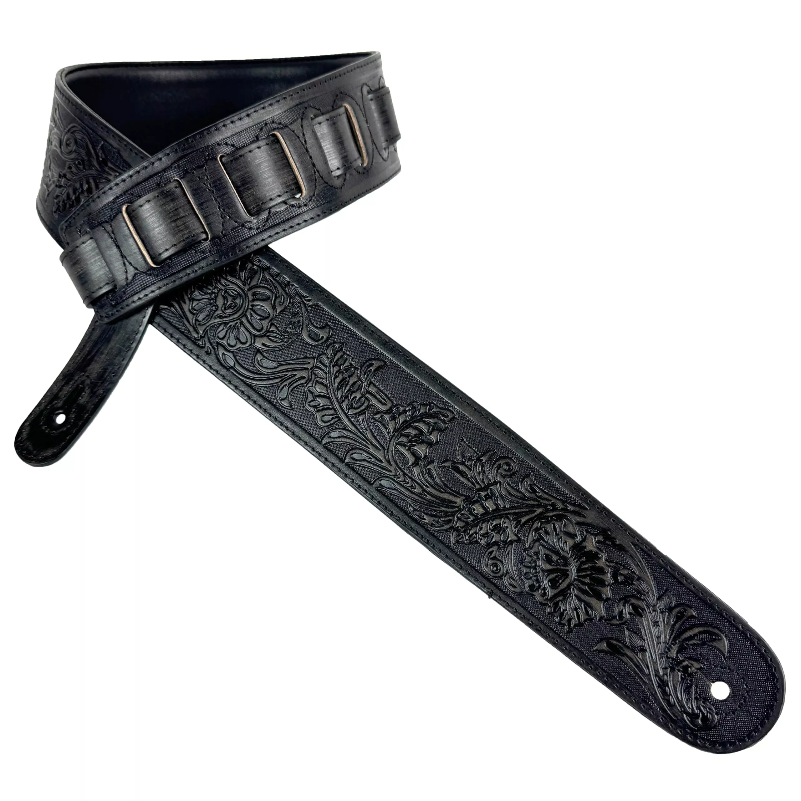 Walker & Williams LIF-02 Distressed Black Handmade Leather Padded Guitar Strap with Western Sheridan Tooling For Acoustic, Elect