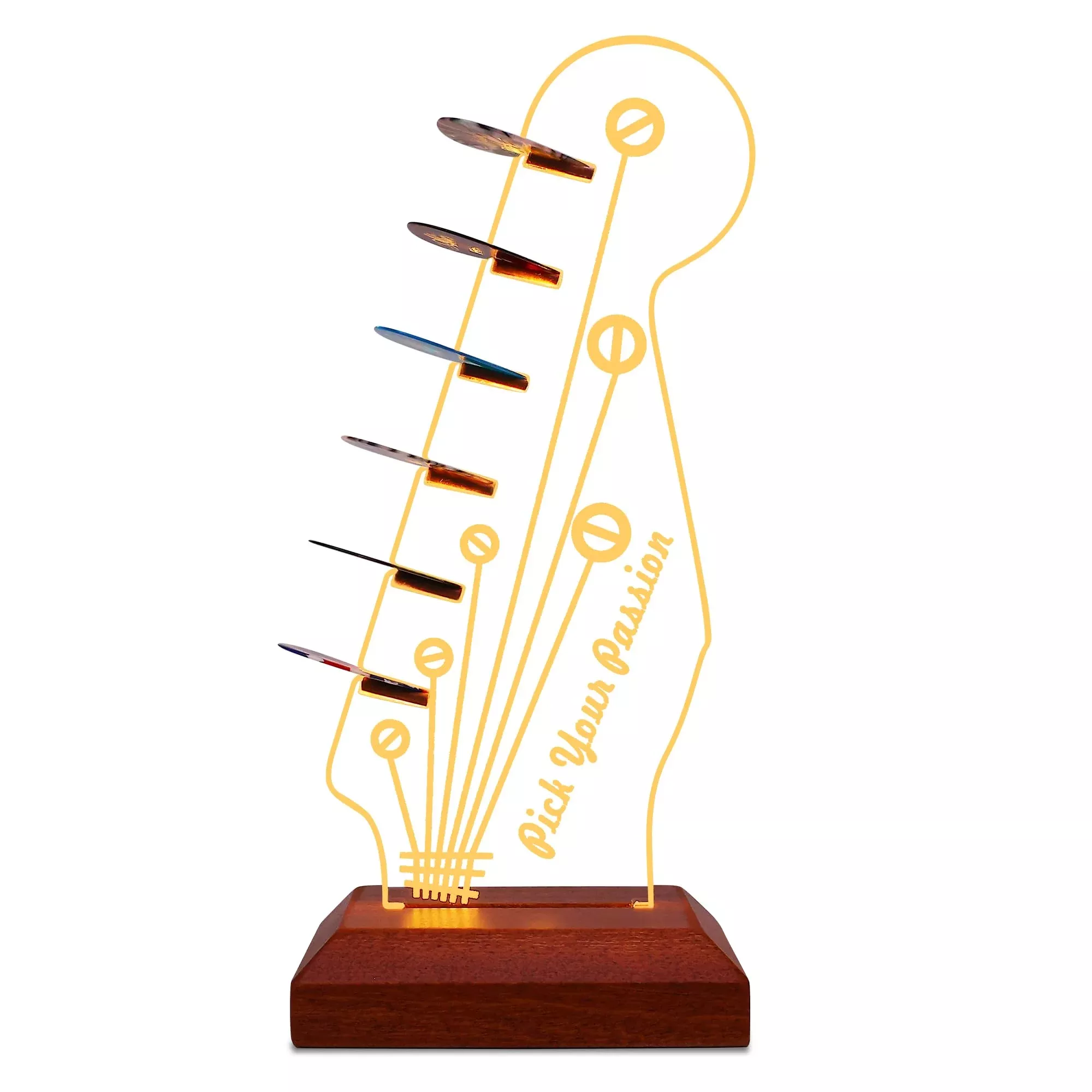 YuanDian Light Up Guitar Pick Holder, Headstock Shaped Wooden Acrylic Holder USB Powered for Guitar Pick Storage, Desk Decor, Gu