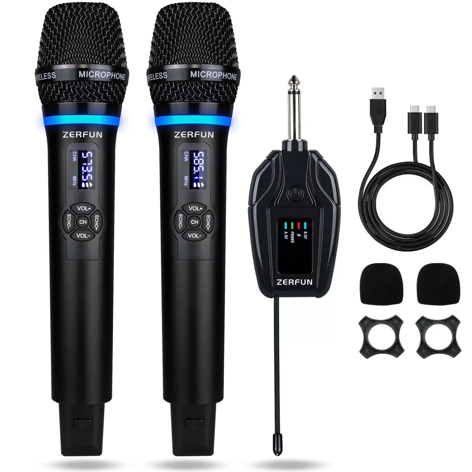 ZERFUN Dual Wireless Microphones Rechargeable, UHF Metal Wireless Mic System Cordless Microphone Professional with Echo VOL Chan
